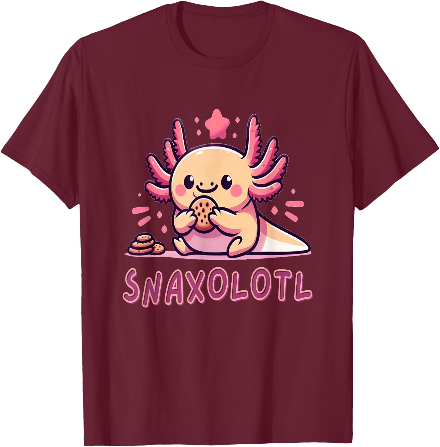 Snaxolotl Pun Animal Funny Kawaii Axolotl Eating Snacks T-Shirt - T-Shirt | Maroon