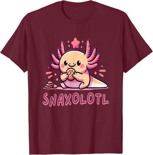 Snaxolotl Pun Animal Funny Kawaii Axolotl Eating Snacks T-Shirt - T-Shirt | Maroon