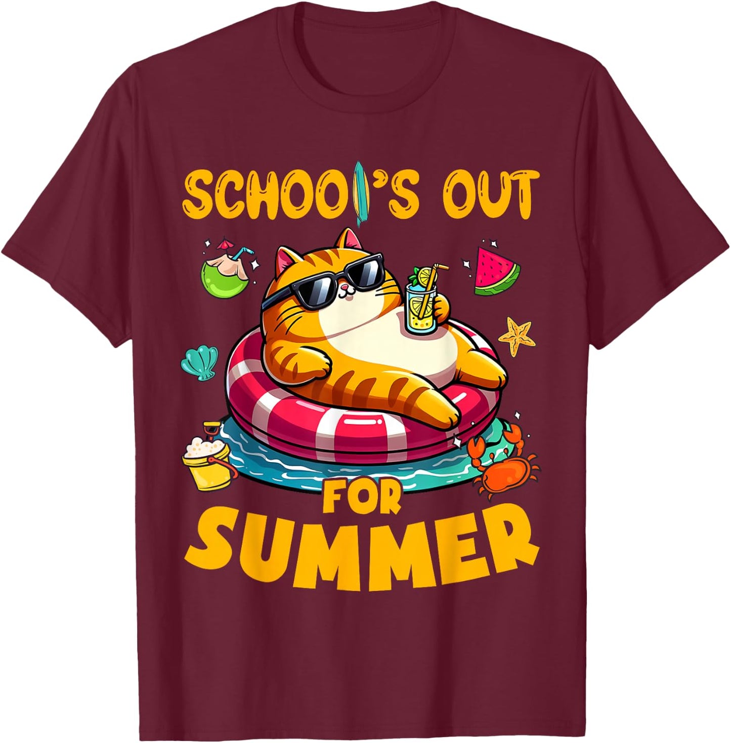 Schools Out For Summer Teacher Cat Lover Last Day Of School T-Shirt - T-Shirt | Maroon