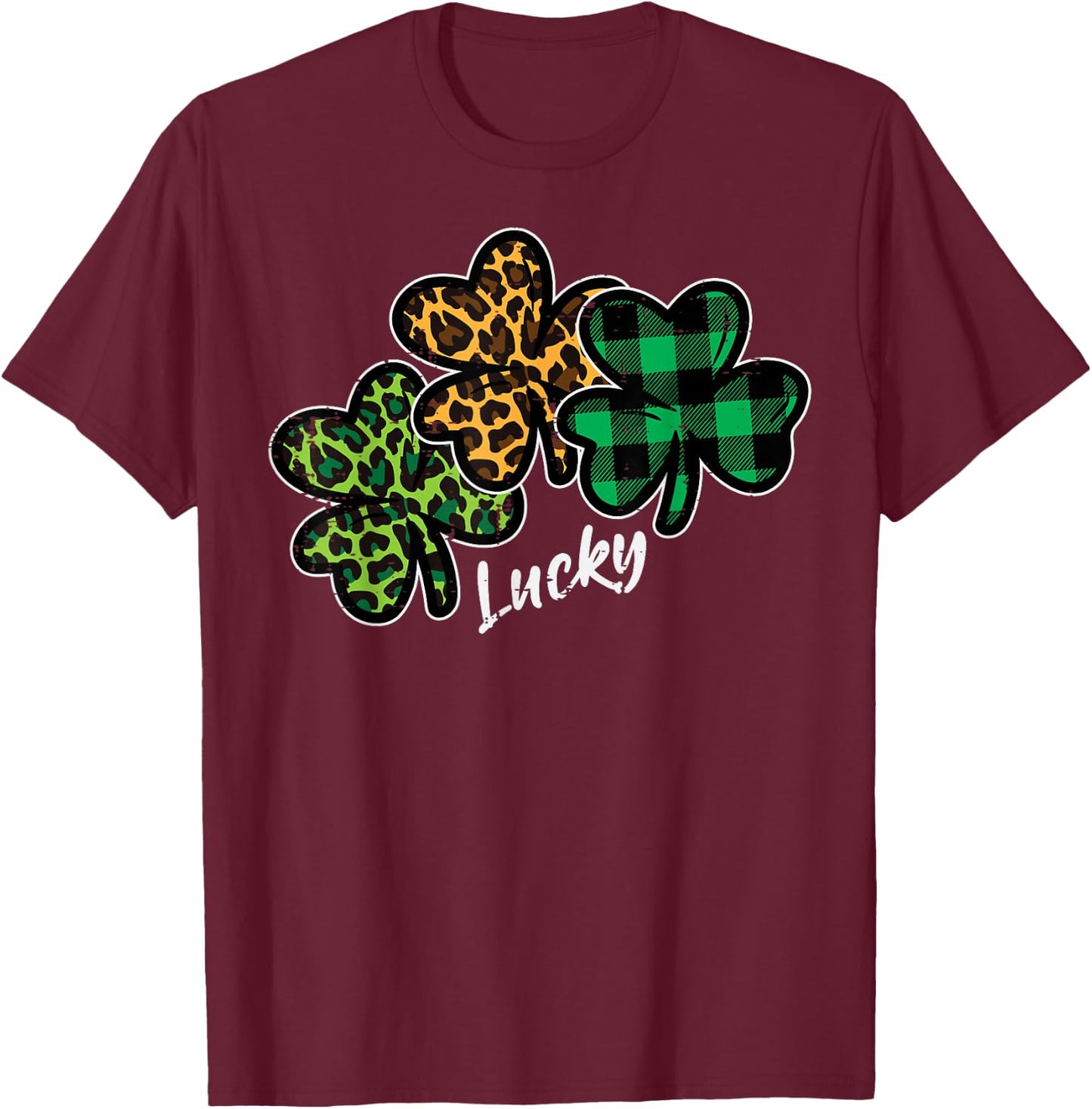 Leopard Shamrocks Lucky St Patricks Day Women Girls Kids T-Shirt - T-Shirt | Maroon