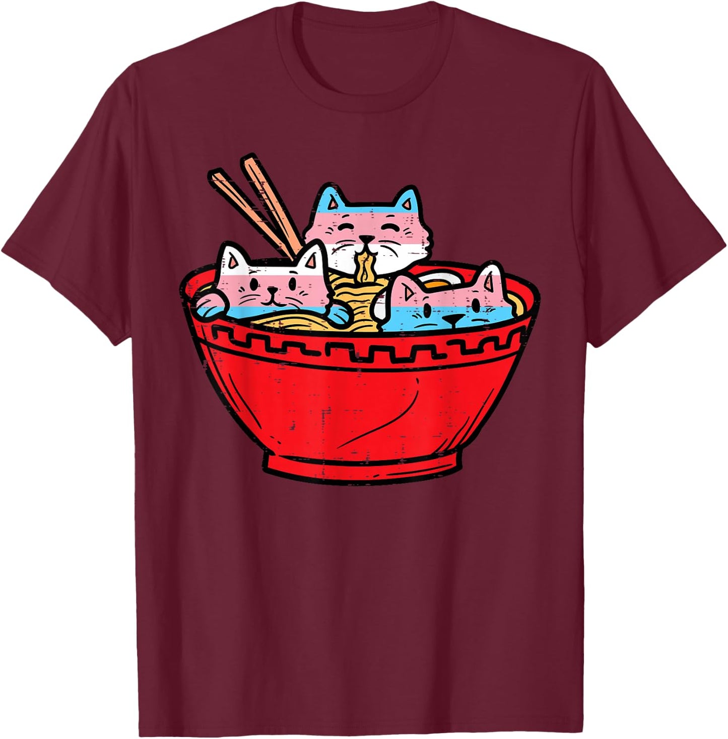 Ramen Cats Transgender Trans Pride Flag Japanese Noodle Food T-Shirt - T-Shirt | Maroon