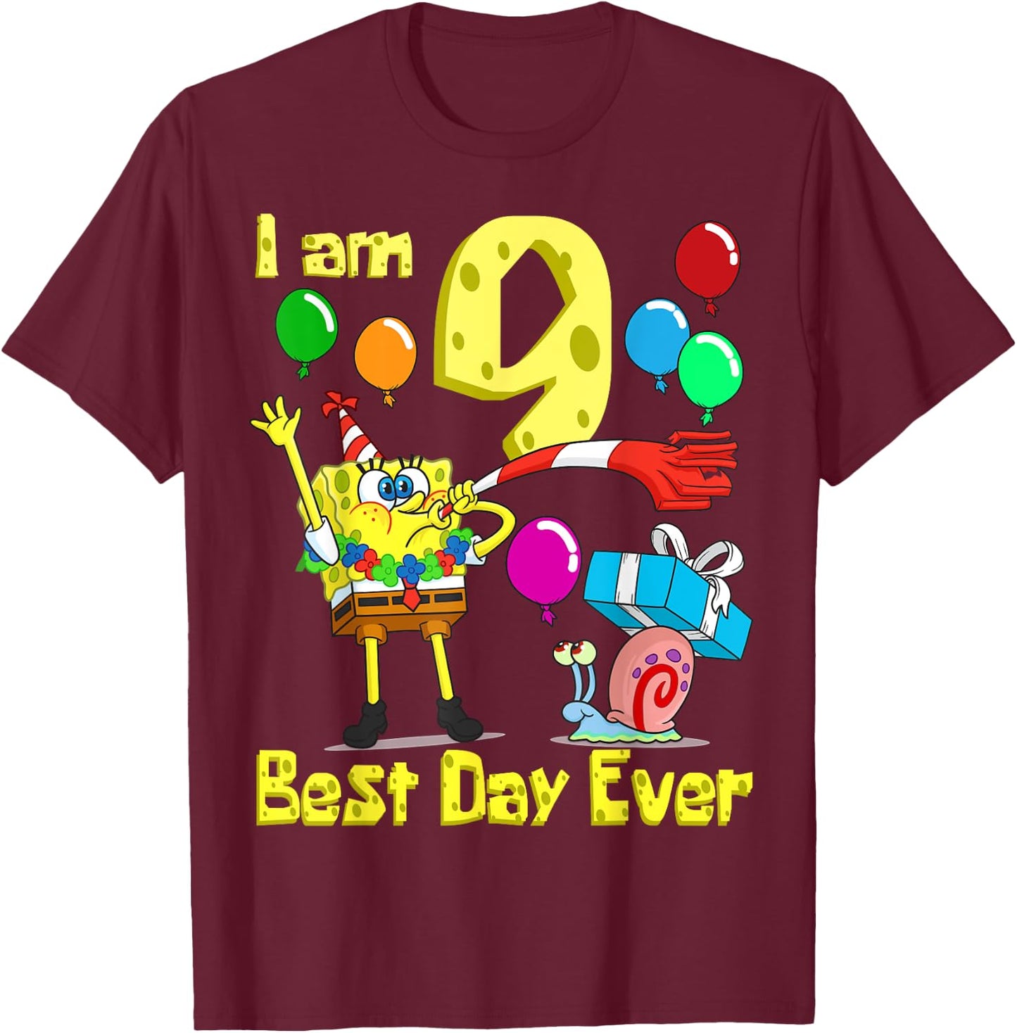 Mademark x SpongeBob SquarePants - SpongeBob I am 9 Years Old Birthday Party T-Shirt - T-Shirt | Maroon