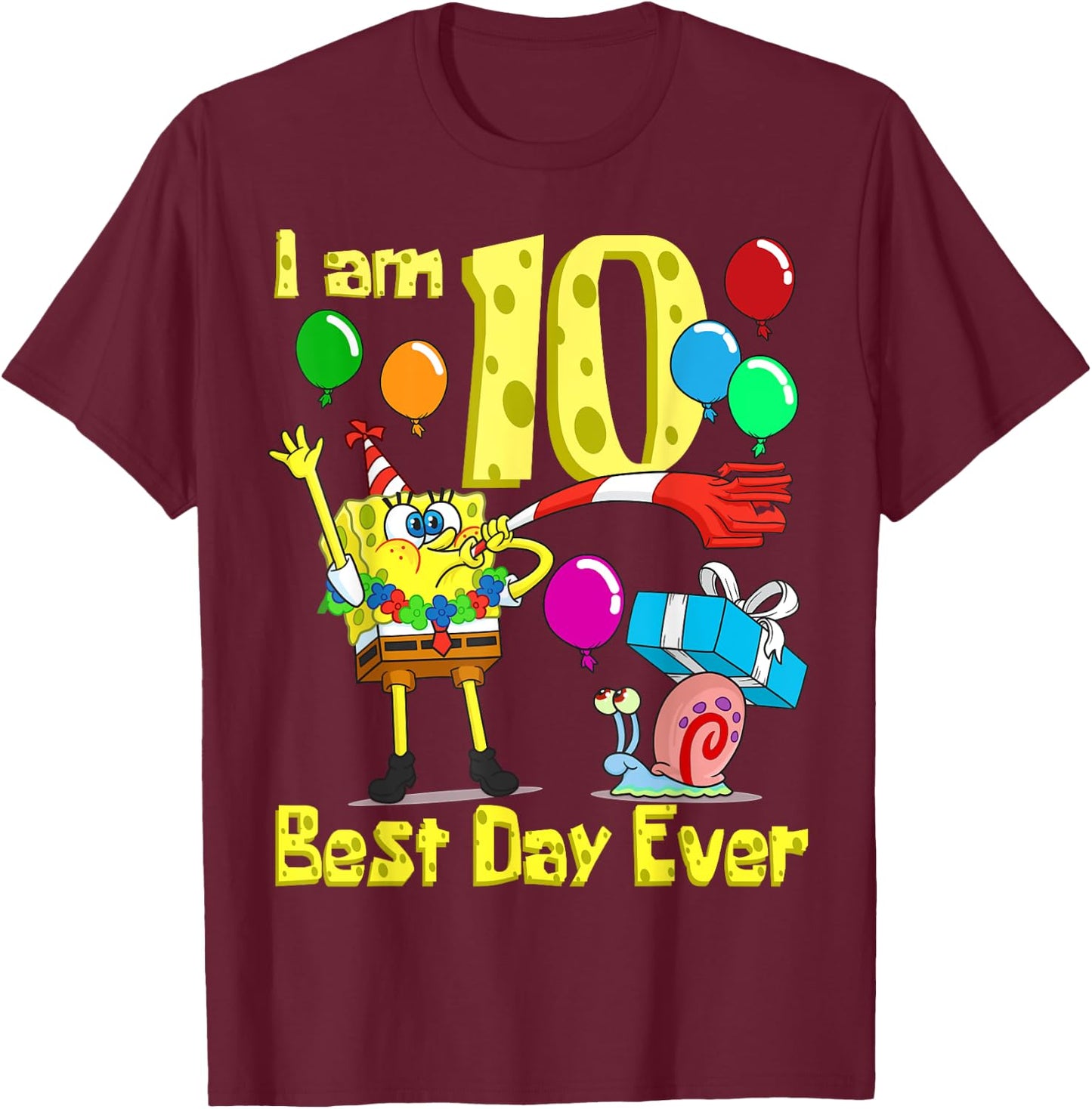 Mademark x SpongeBob SquarePants - SpongeBob I am 10 Years Old Birthday Party T-Shirt - T-Shirt | Maroon