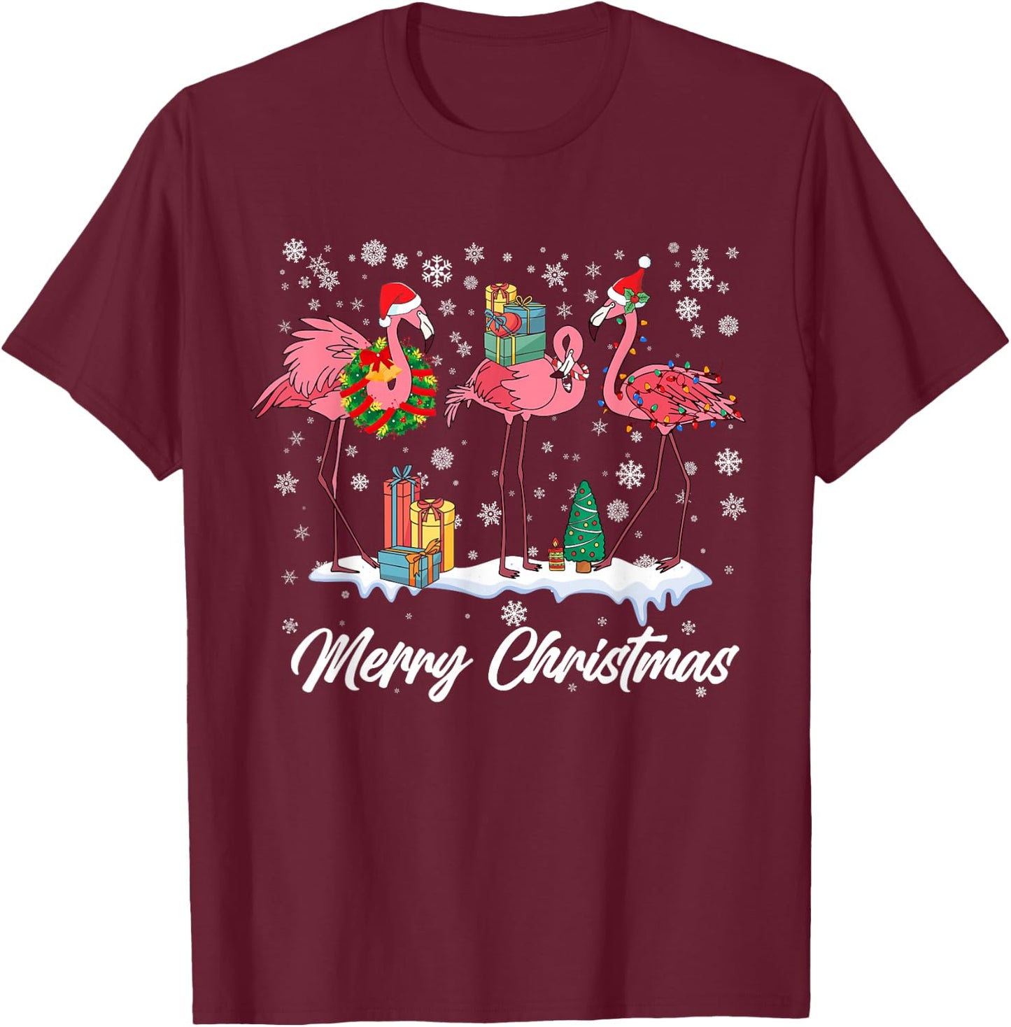 Pink Flamingo Hat Santa Merry Christmas Lights Girls T-Shirt - T-Shirt | Maroon