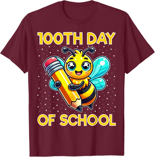 100th Day Of School Cute Bee 100 Days Of School Kids Teacher T-Shirt - T-Shirt | Maroon