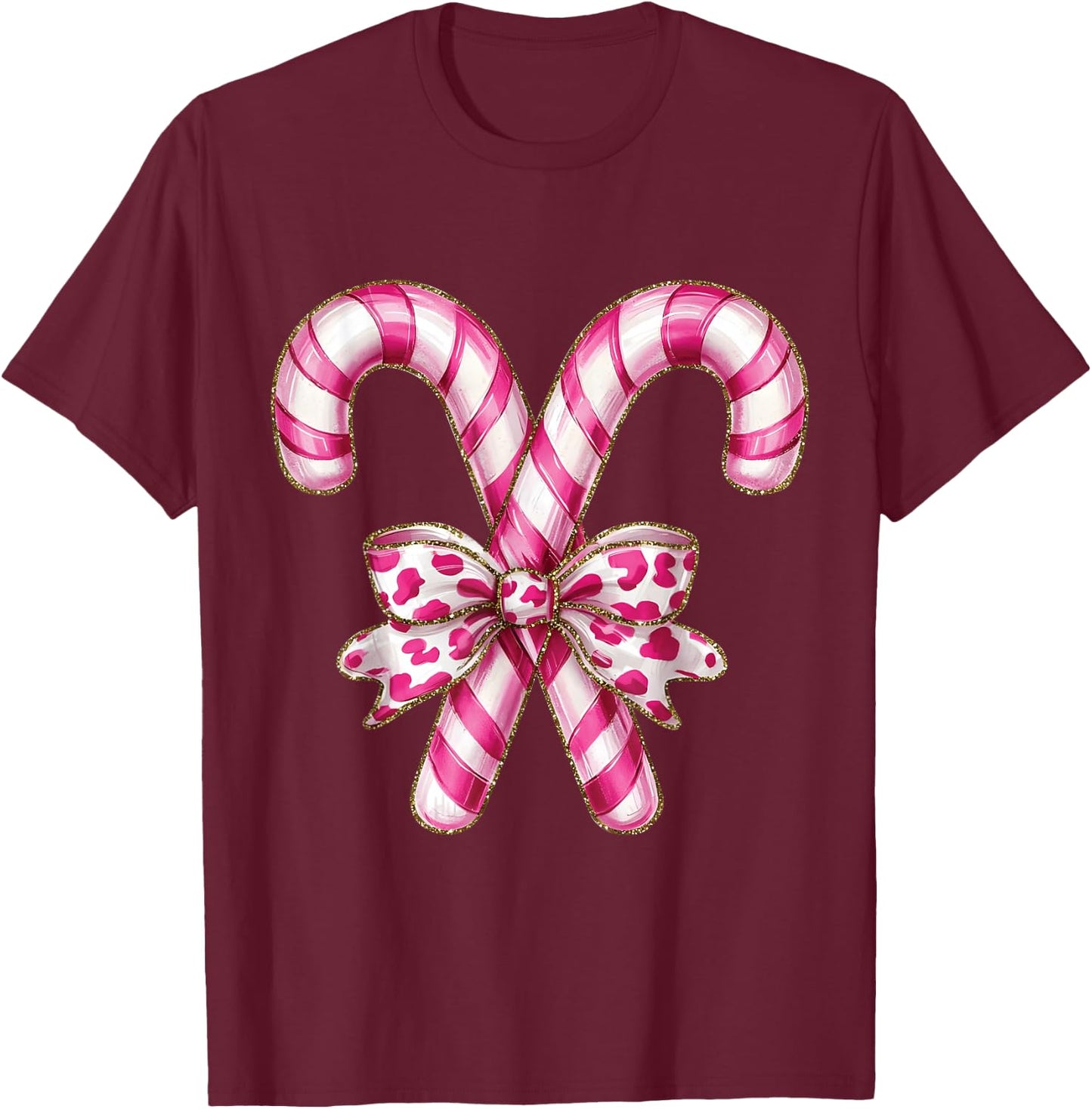 Christmas Candy Cane Coquette Bow Xmas Holiday Women Girls T-Shirt - T-Shirt | Maroon