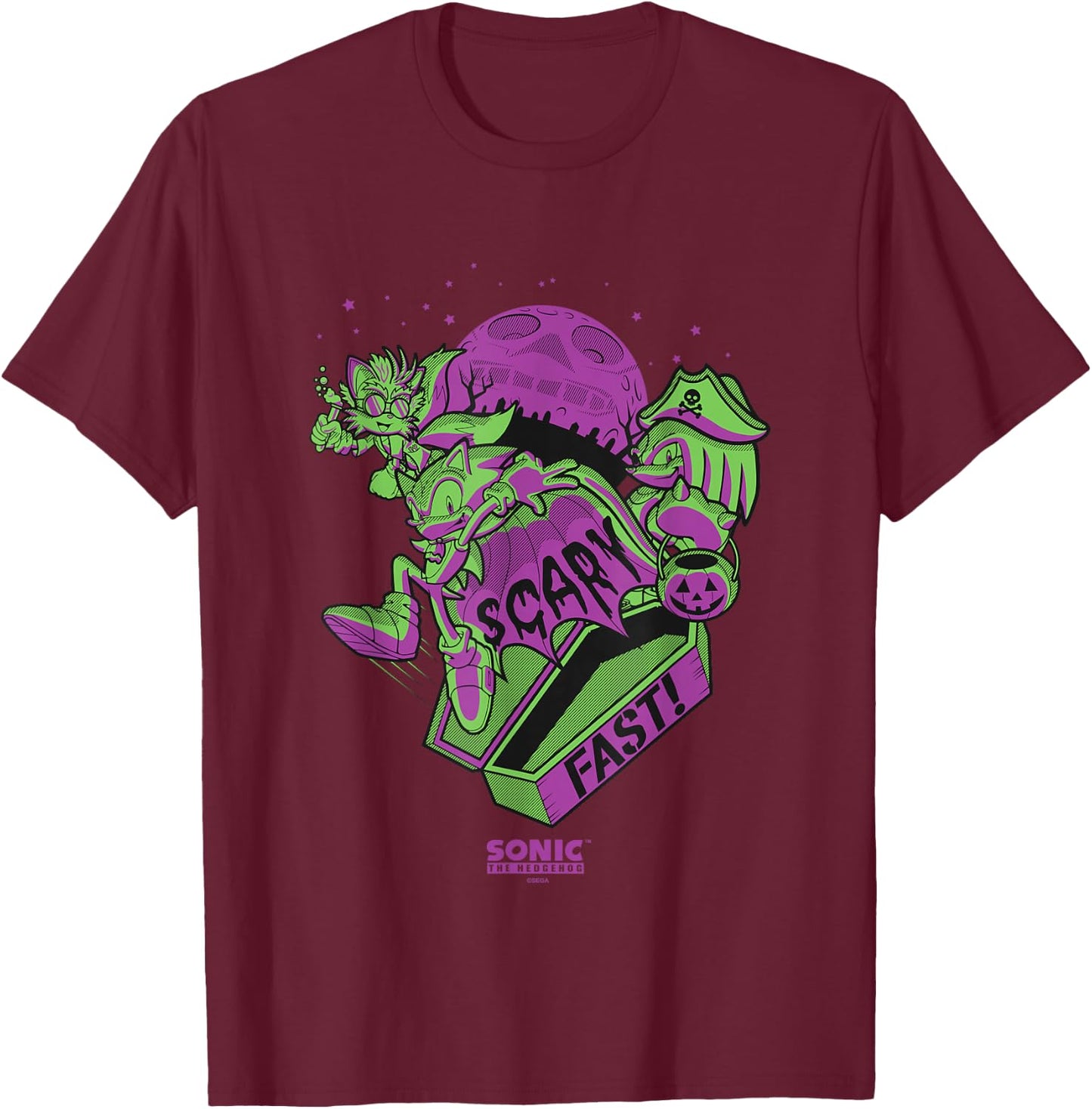 Sonic The Hedgehog Halloween Scary Fast Retro Neon Logo T-Shirt - T-Shirt | Maroon