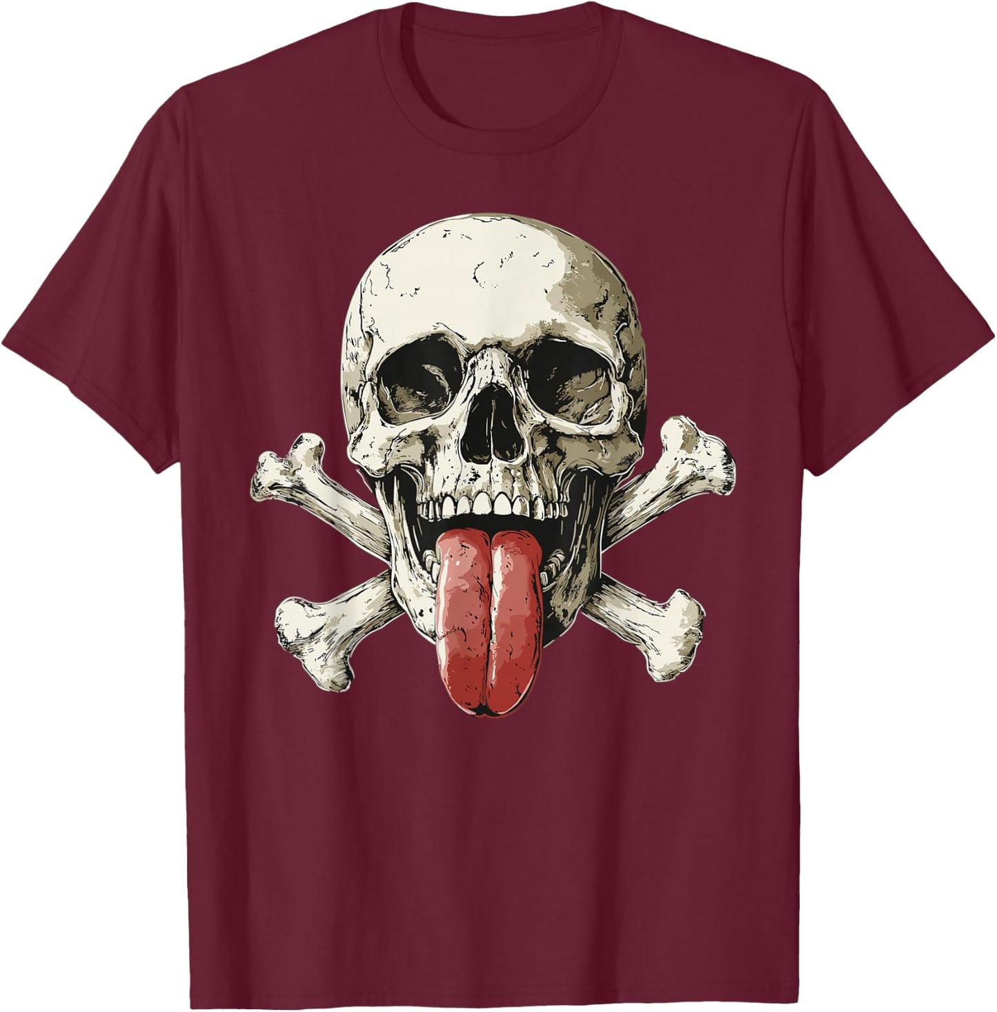Modern Skull, Tongue Out Pirate Skull , Black, S T-Shirt - T-Shirt | Maroon