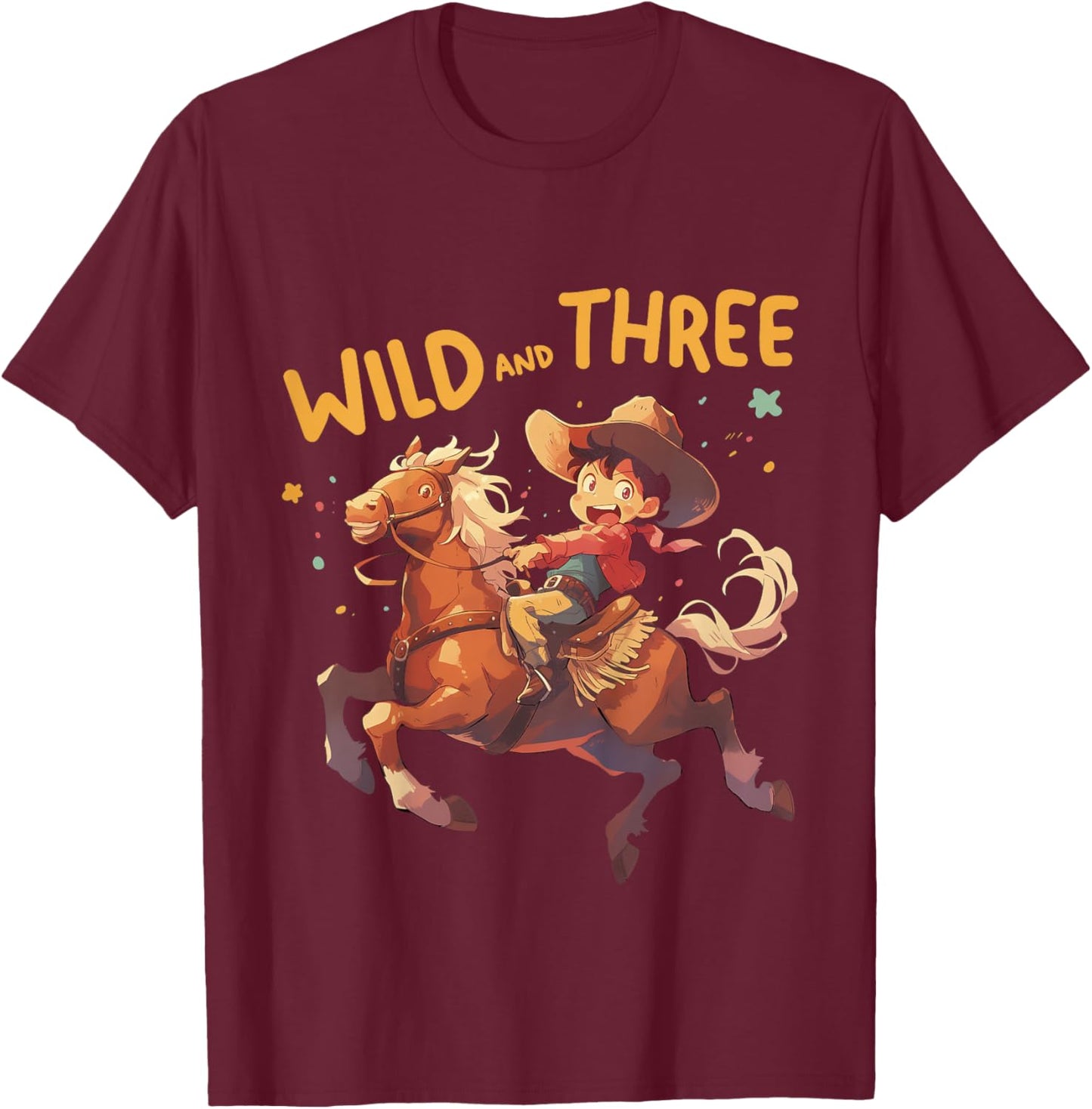 Kids 3rd Birthday Western Cute Little Cowboy Wild and Three T-Shirt - T-Shirt | Maroon