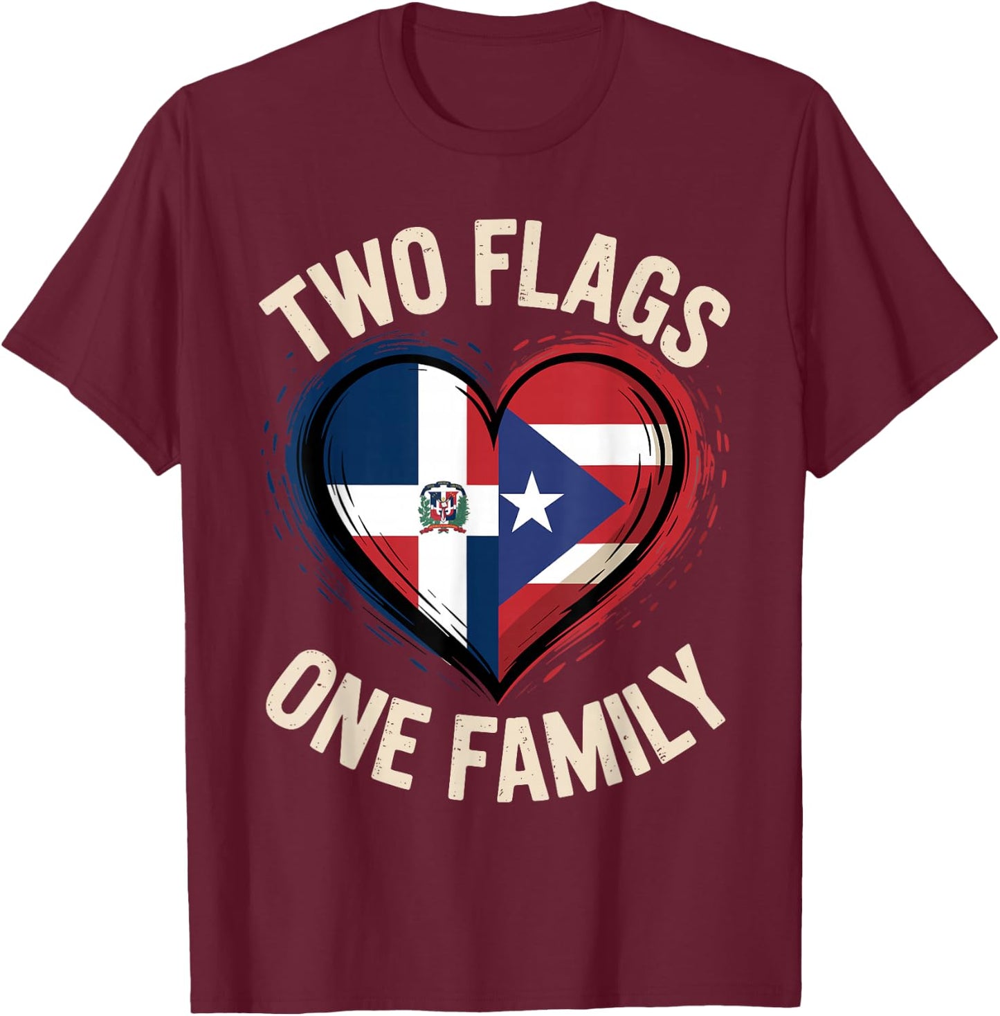 Two Flags One Family Puerto Rican Dominican Roots T-Shirt - T-Shirt | Maroon