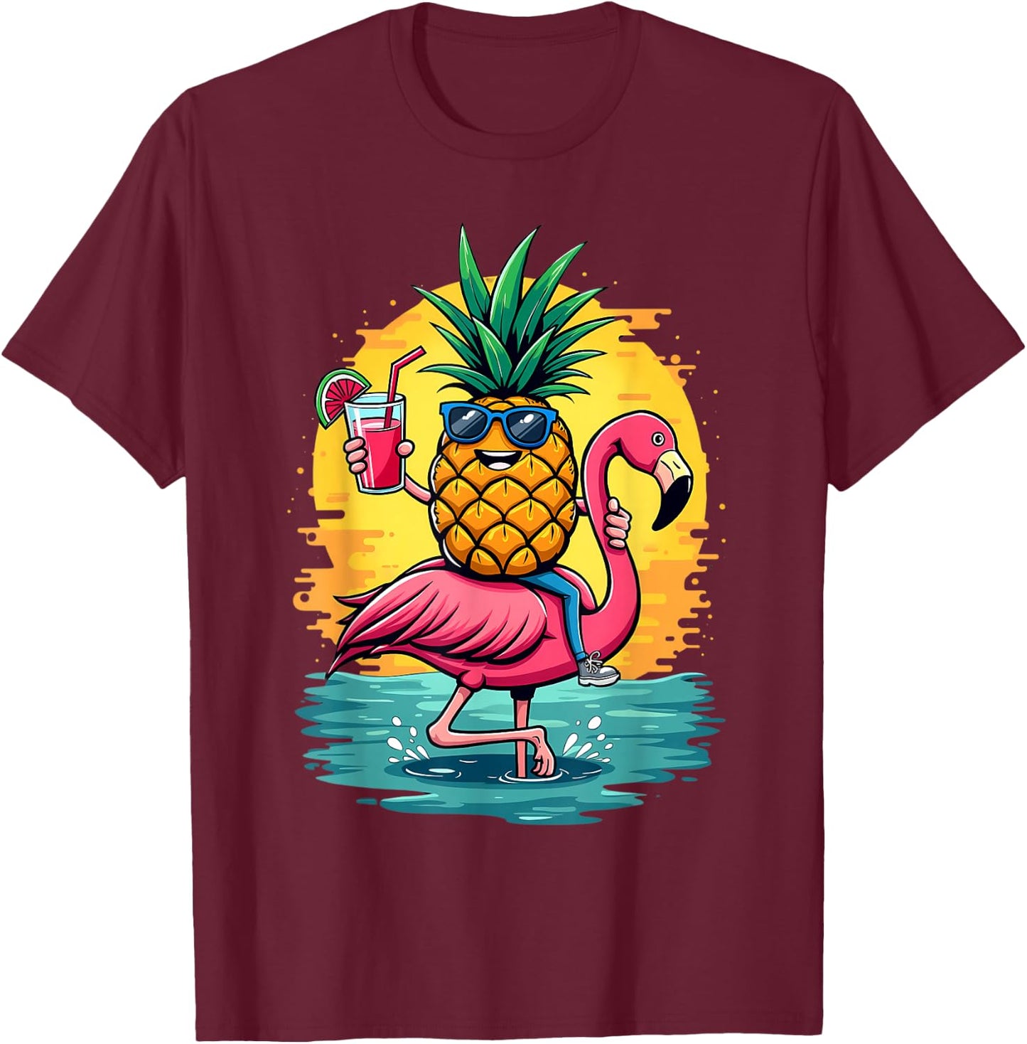 Flamingo and Pineapple Beach Hawaiian Boys Vintage T-Shirt - T-Shirt | Maroon