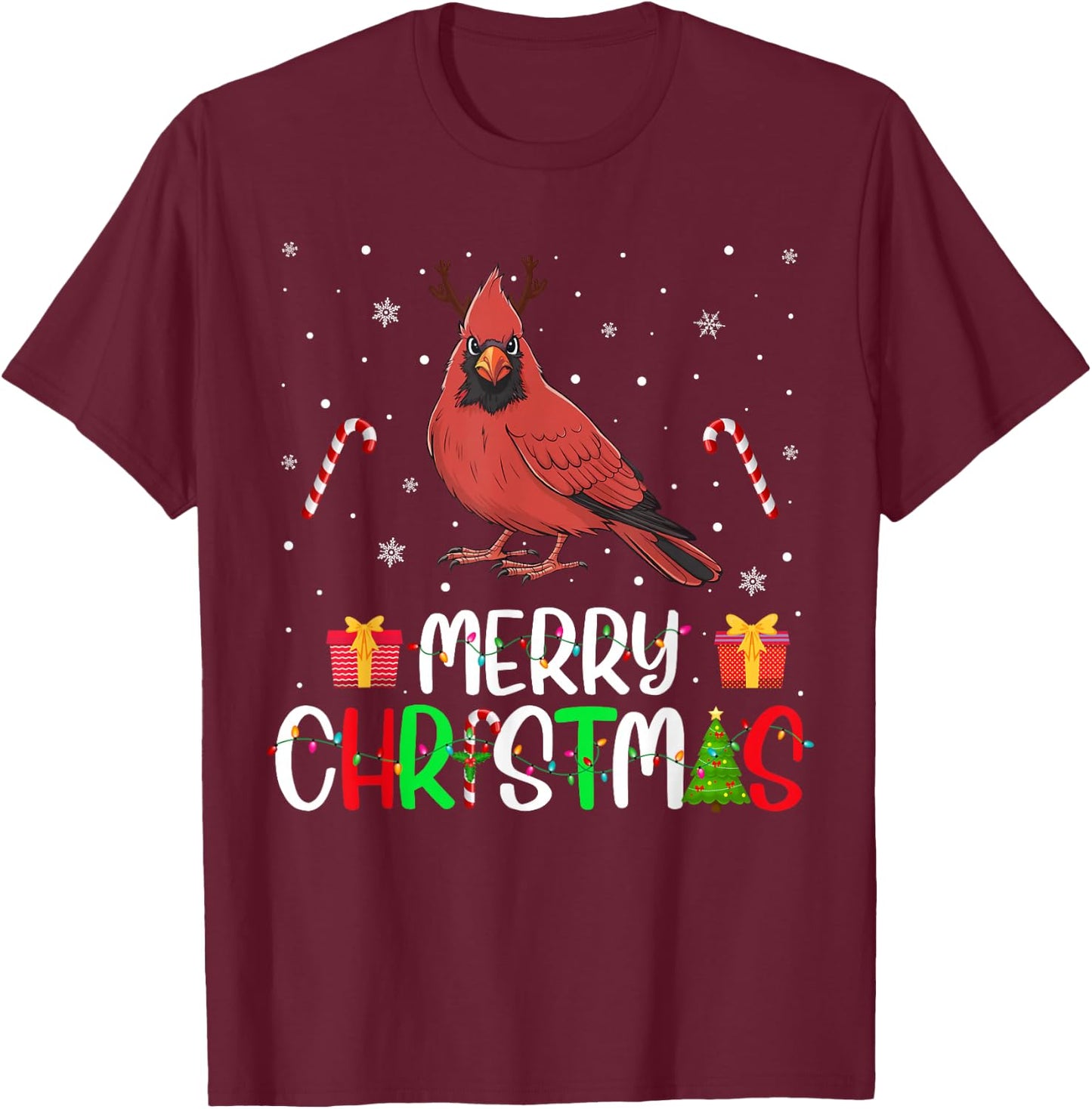 Merry Christmas Lights Cardinal Bird Reindeer Hat Xmas PJs T-Shirt - T-Shirt | Maroon
