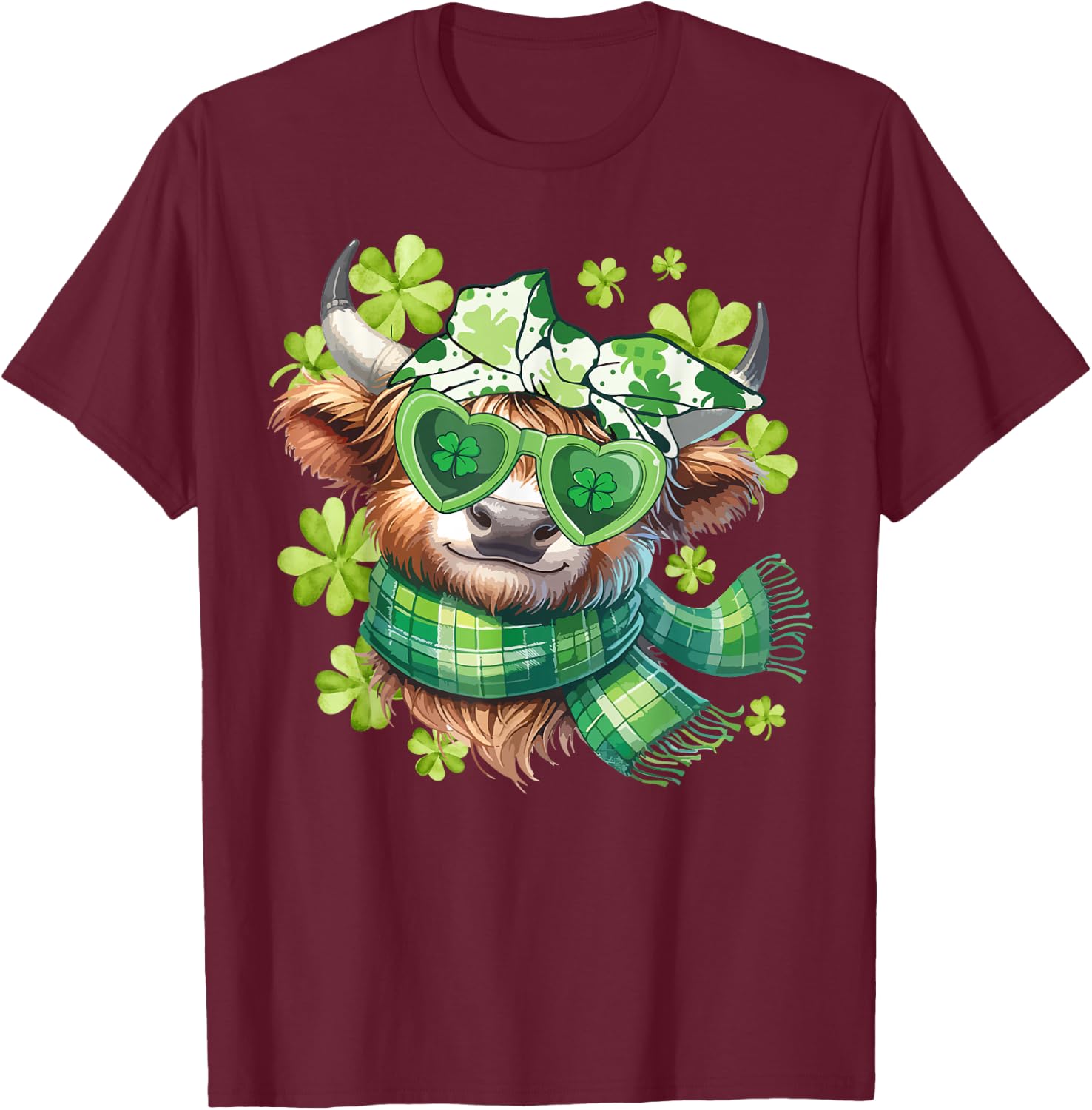St Patrick's Day Highland Cow Lucky Shamrock Cow Kid Women T-Shirt - T-Shirt | Maroon