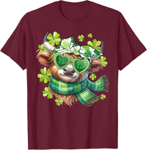 St Patrick's Day Highland Cow Lucky Shamrock Cow Kid Women T-Shirt - T-Shirt | Maroon