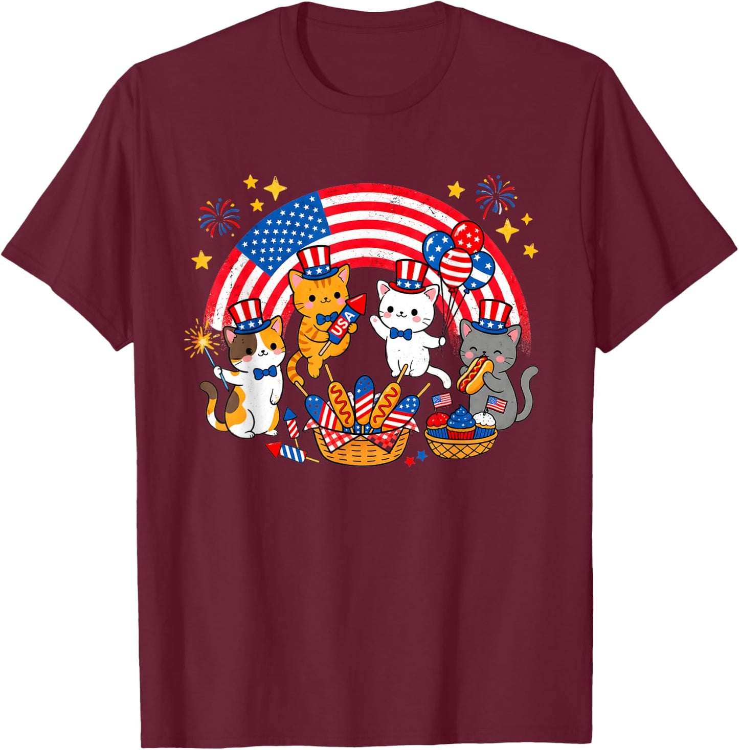 Patriotic Cat 4th of July Firework American Flag Women Girls T-Shirt - T-Shirt | Maroon