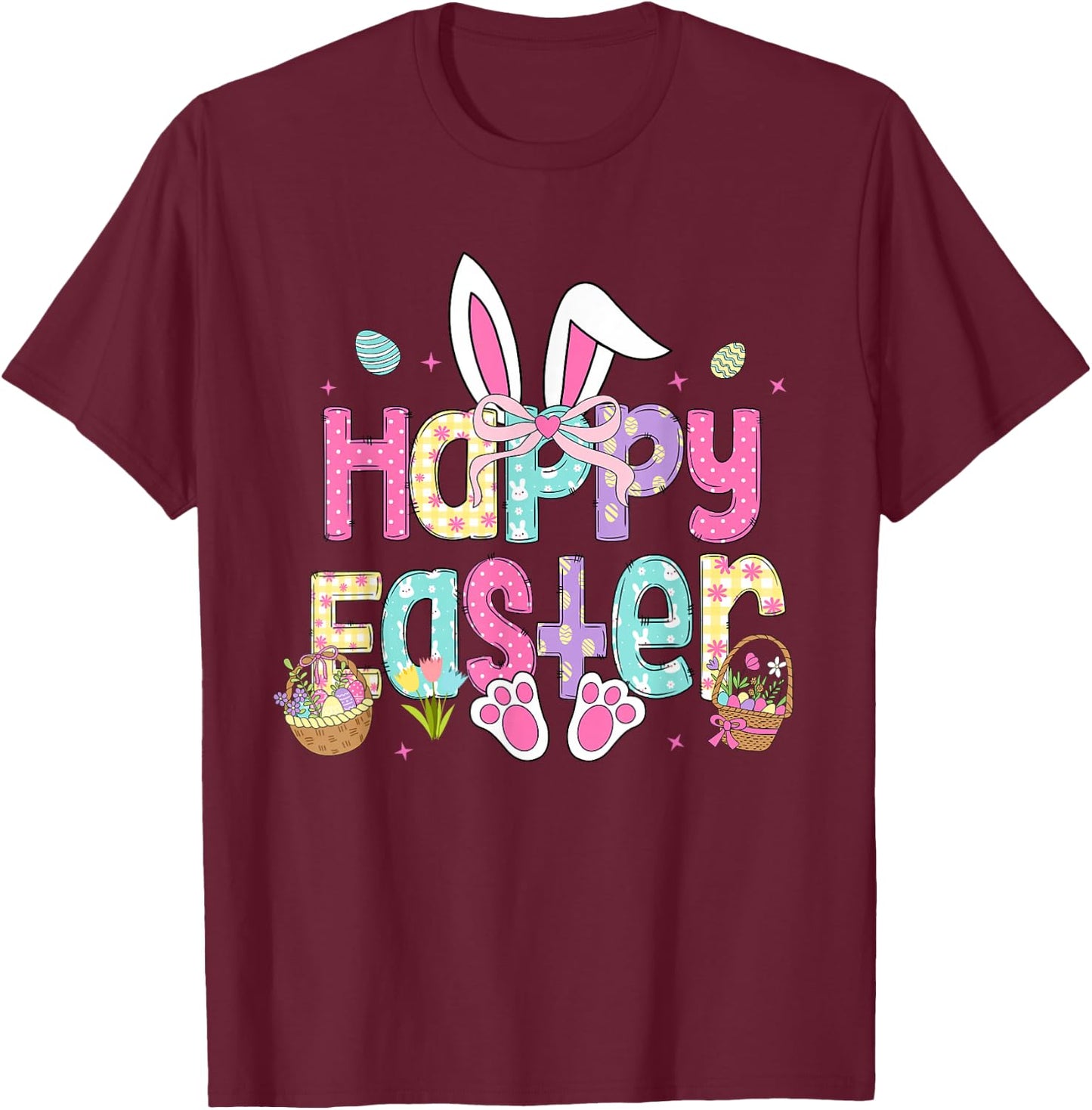 Happy Easter Cute Bunny Rabbit Easter Day Women Girls T-Shirt - T-Shirt | Maroon