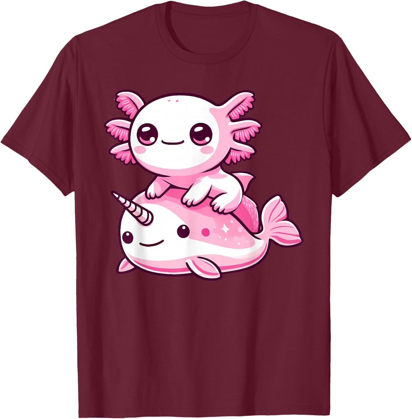 Anime Kawaii Axolotl Narwhal T-Shirt - T-Shirt | Maroon