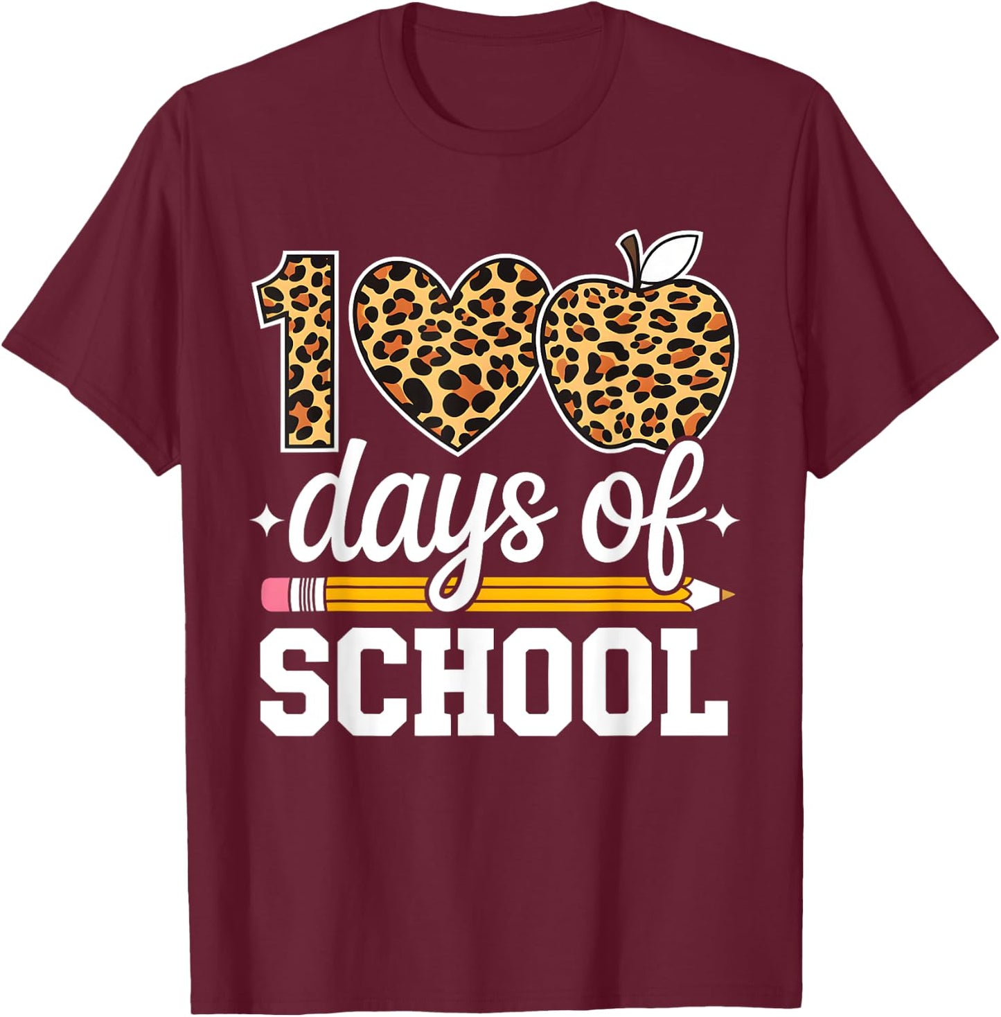 100 Days Of School Leopard Teacher Happy 100th Day Of School T-Shirt - T-Shirt | Maroon