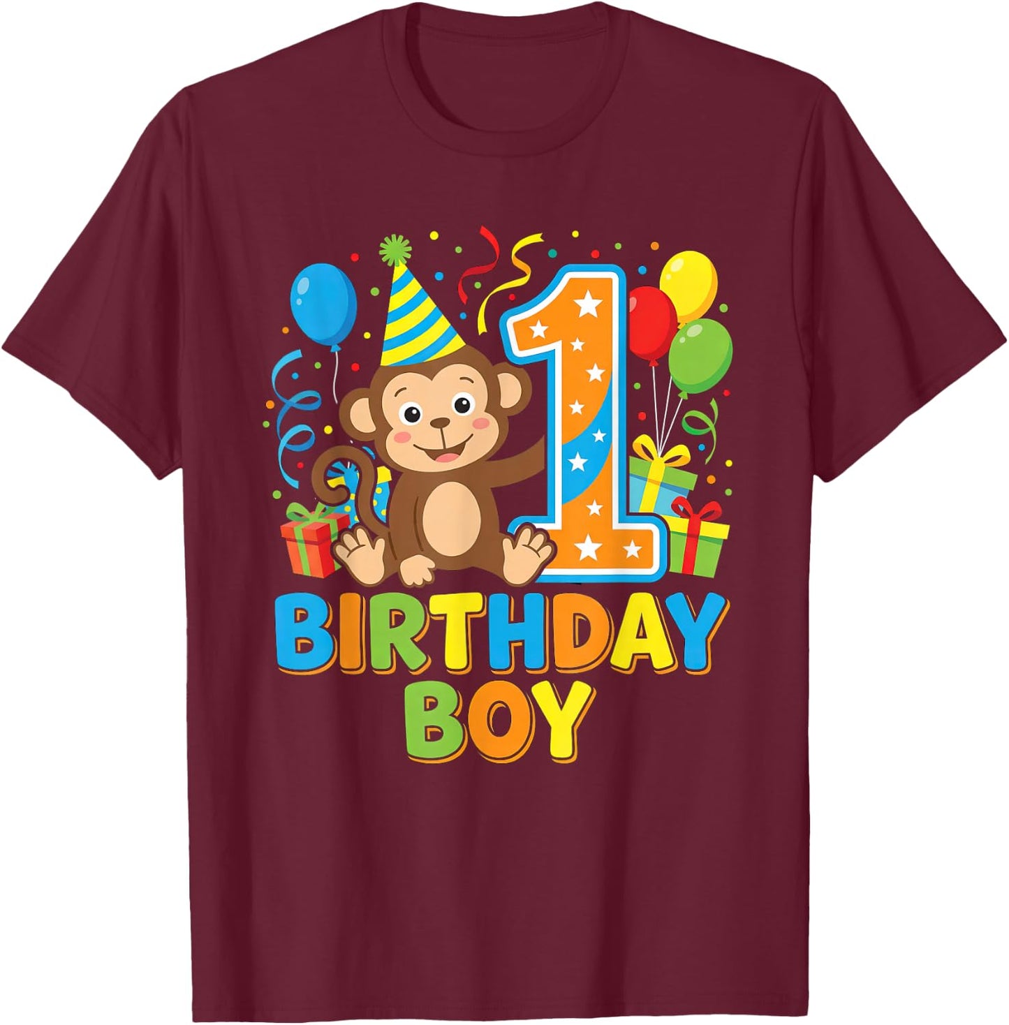 Cute Monkey One Year Old Boy Birthday T-Shirt - T-Shirt | Maroon
