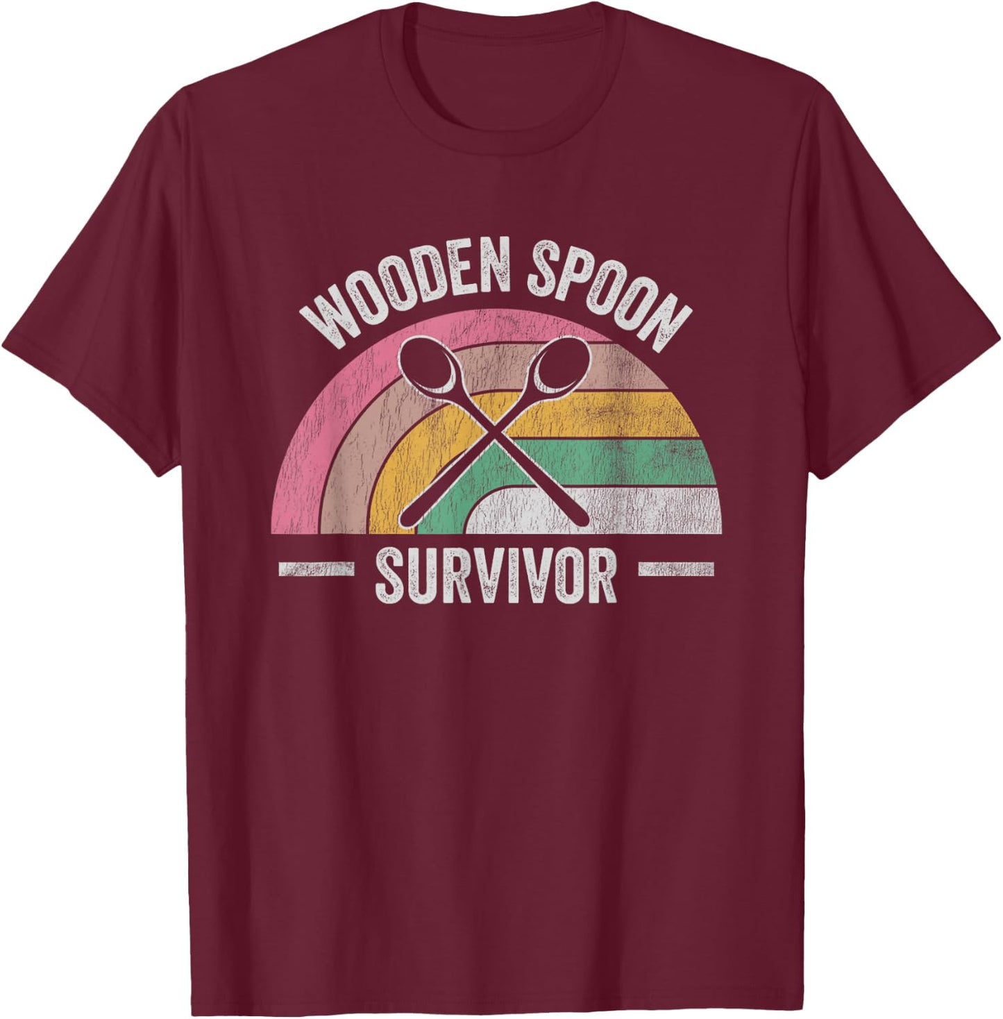 Wooden Spoon Survivor Retro Rainbow Humor T-Shirt - T-Shirt | Maroon