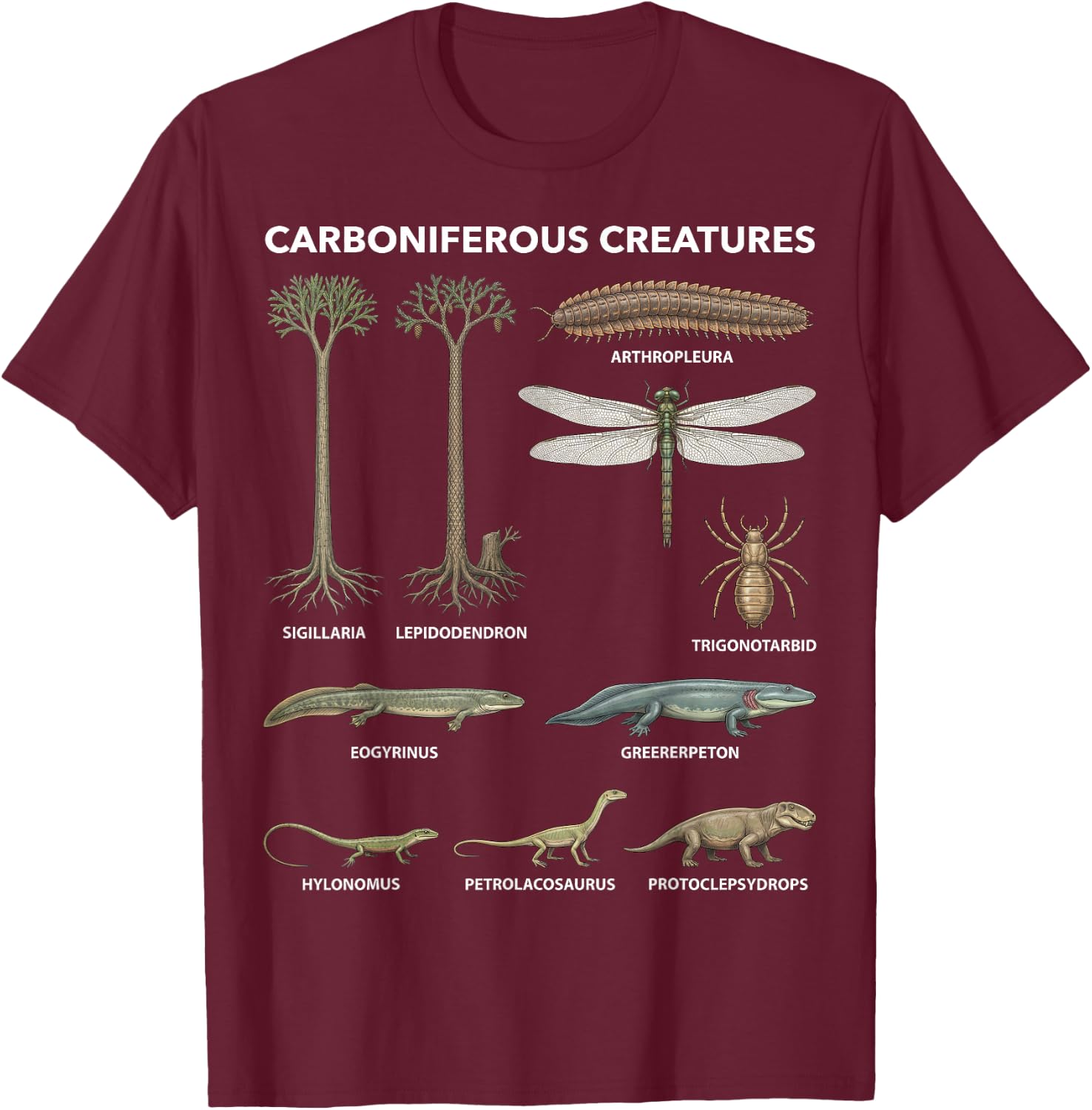 Carboniferous Creatures Paleontology Fossil Species T-Shirt - T-Shirt | Maroon