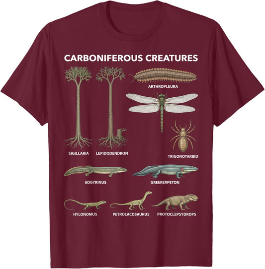 Carboniferous Creatures Paleontology Fossil Species T-Shirt - T-Shirt | Maroon