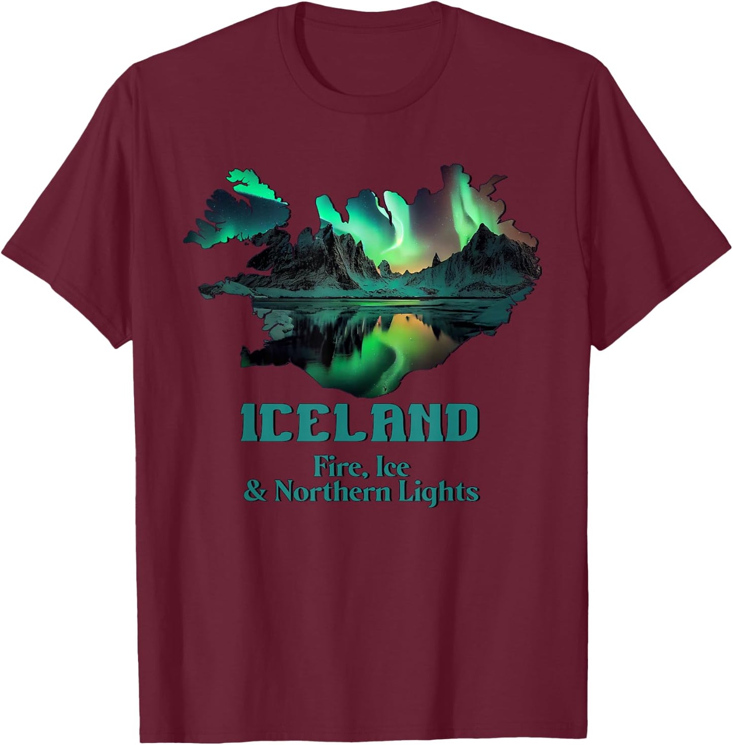 Aurora Borealis Island Natur Feuer Eis Camping Wandern T-Shirt - T-Shirt | Maroon