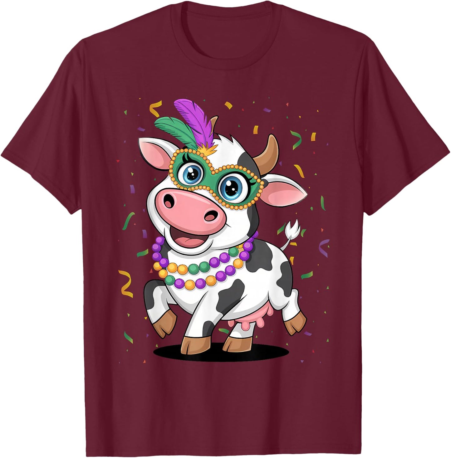 Mardi Gras Cow Wearing Mardi Gras Costume Beads T-Shirt - T-Shirt | Maroon