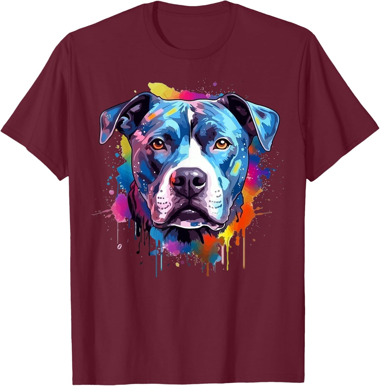 Colorful Pitbull Dog Splash Art T-Shirt - T-Shirt | Maroon