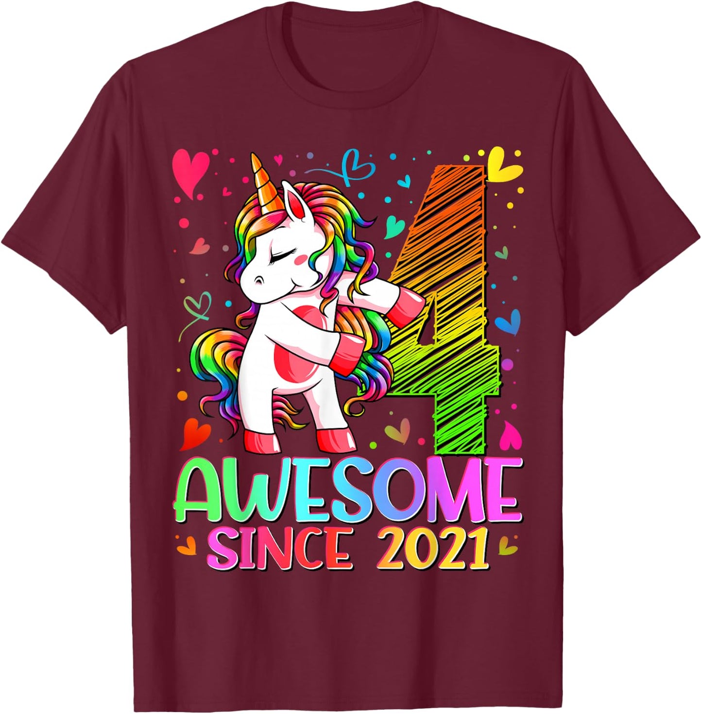 4 Year Old Unicorn Gifts For Girls 4th Birthday Girl Party T-Shirt - T-Shirt | Maroon