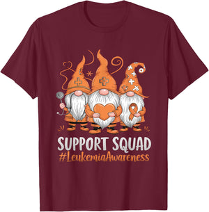 Leukemia Cancer Awareness Gnome Support Squad Orange Ribbon T-Shirt - T-Shirt | Maroon