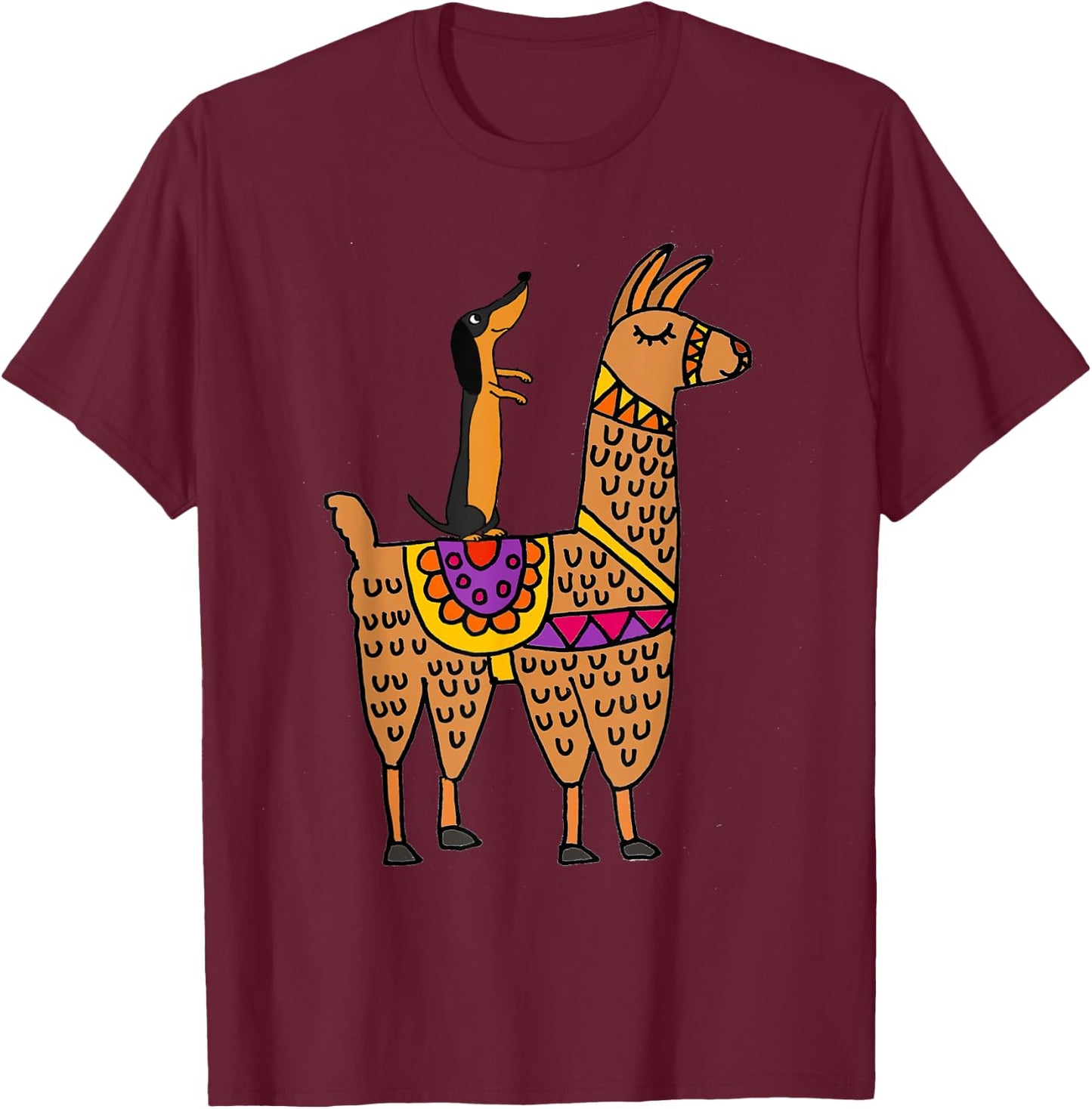 SmileteesPets Cute Dachshund Dog Riding Llama T-Shirt - T-Shirt | Maroon