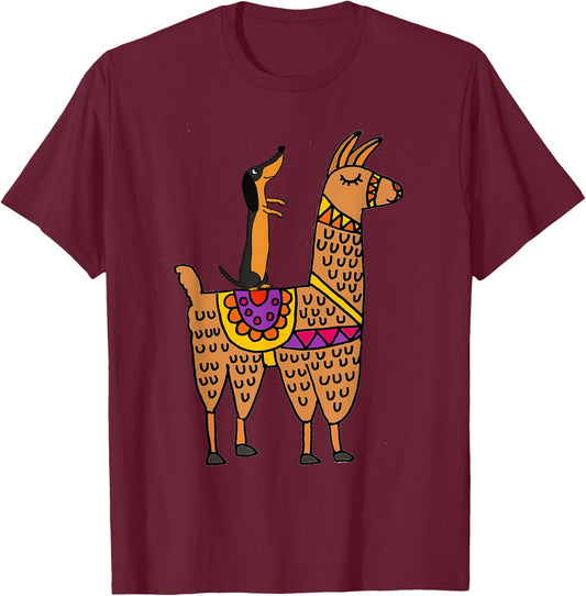 SmileteesPets Cute Dachshund Dog Riding Llama T-Shirt - T-Shirt | Maroon