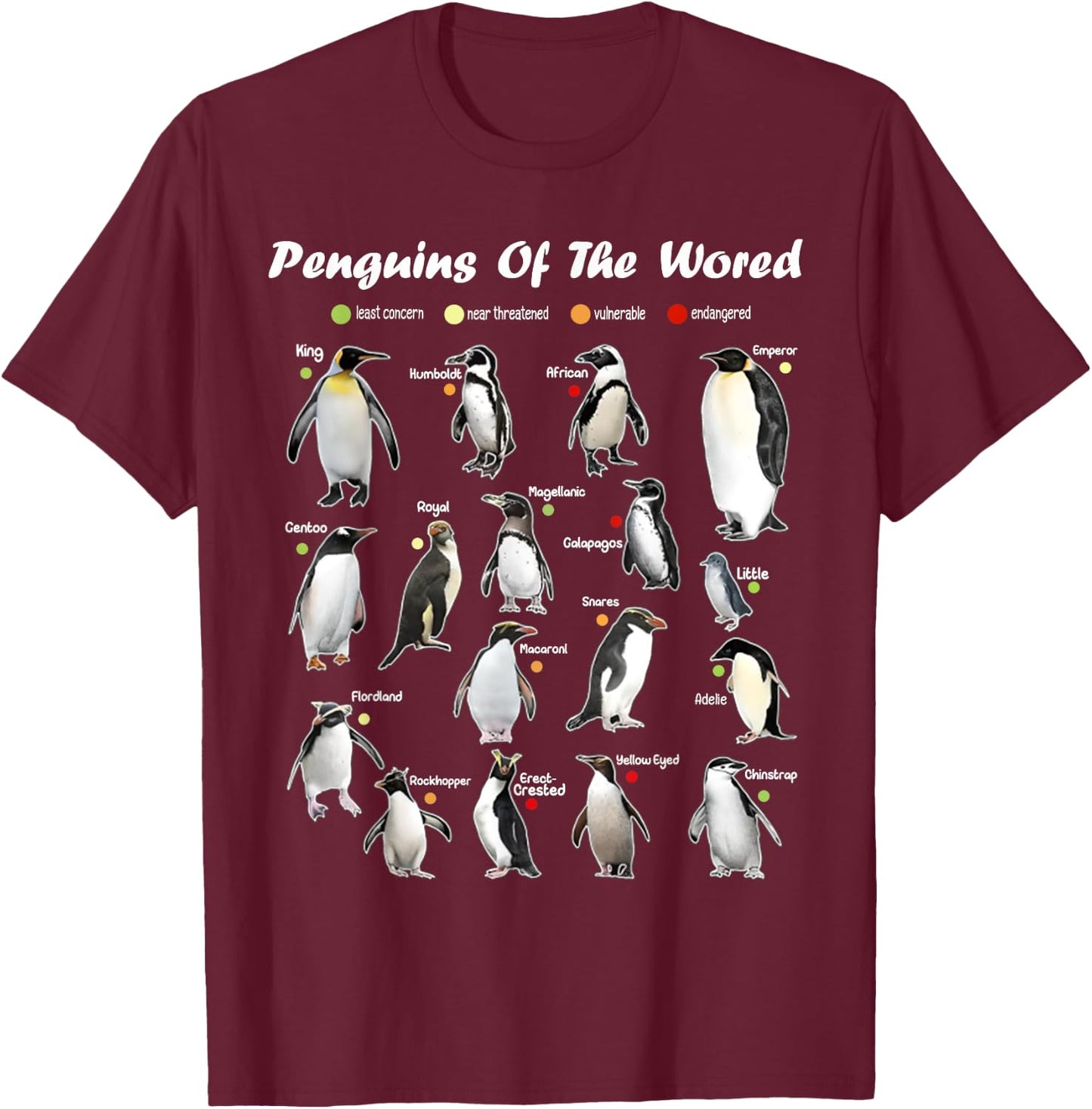 Funny Animals Graphic Penguins of the World Penguin Lover T-Shirt - T-Shirt | Maroon
