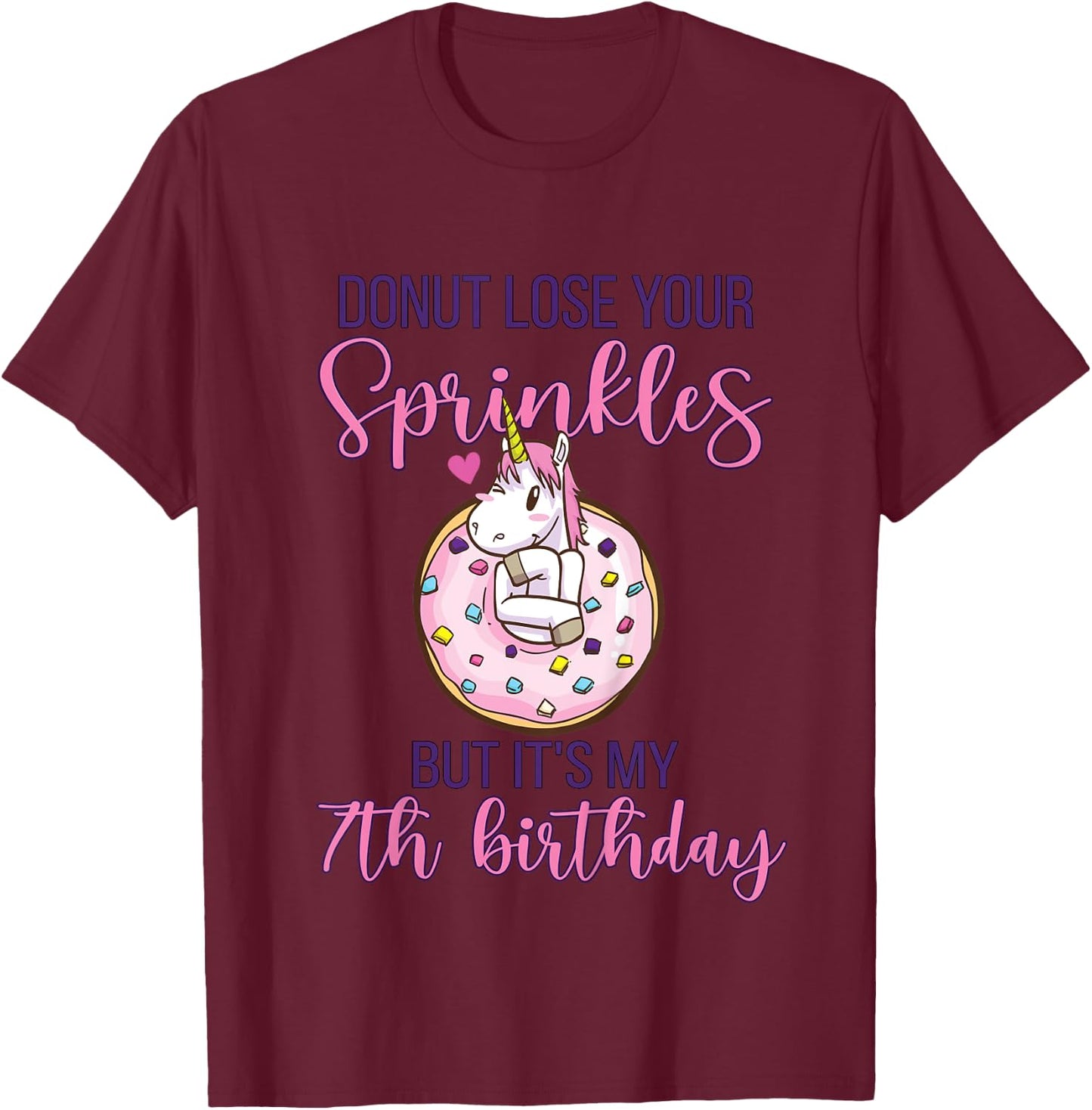 7th Donut Birthday Party Unicorn Seven Year Old Sweet Girl T-Shirt - T-Shirt | Maroon