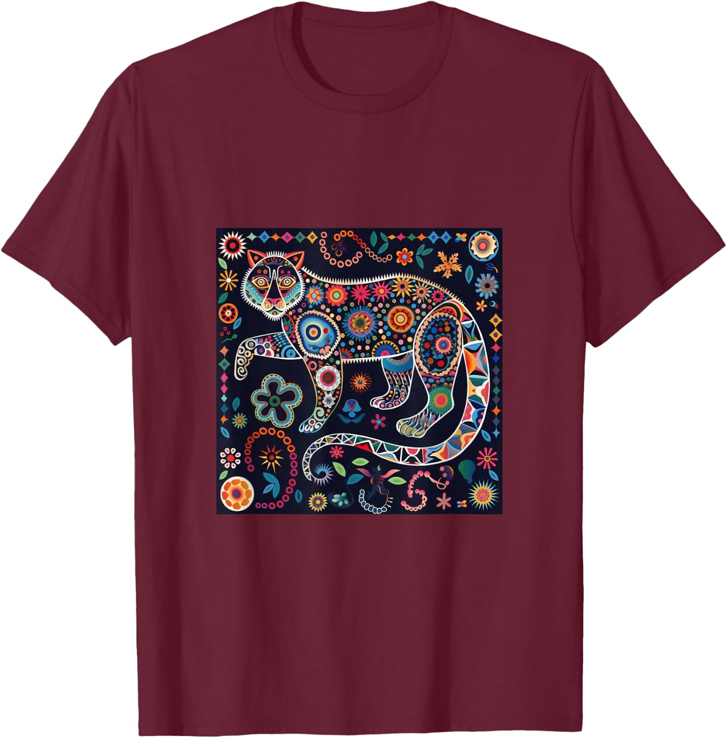 Jaguar Head Huichol Art Mexico Aztec Mayas T-Shirt - T-Shirt | Maroon