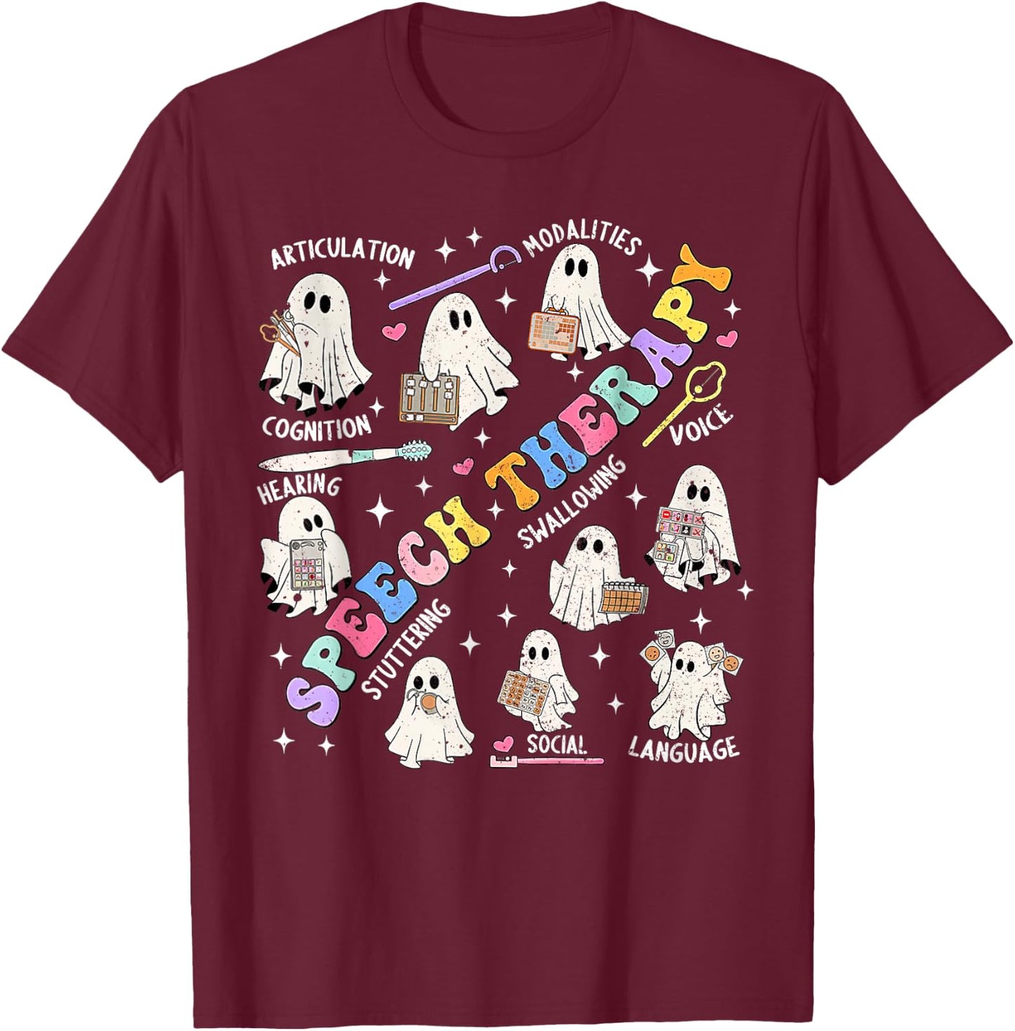 Speech Therapy Retro Groovy Funny Halloween Ghost Therapist T-Shirt - T-Shirt | Maroon