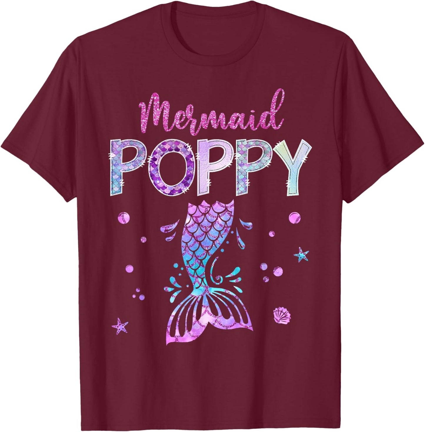 Mermaid Poppy Birthday Party Girl Family Matching T-Shirt - T-Shirt | Maroon