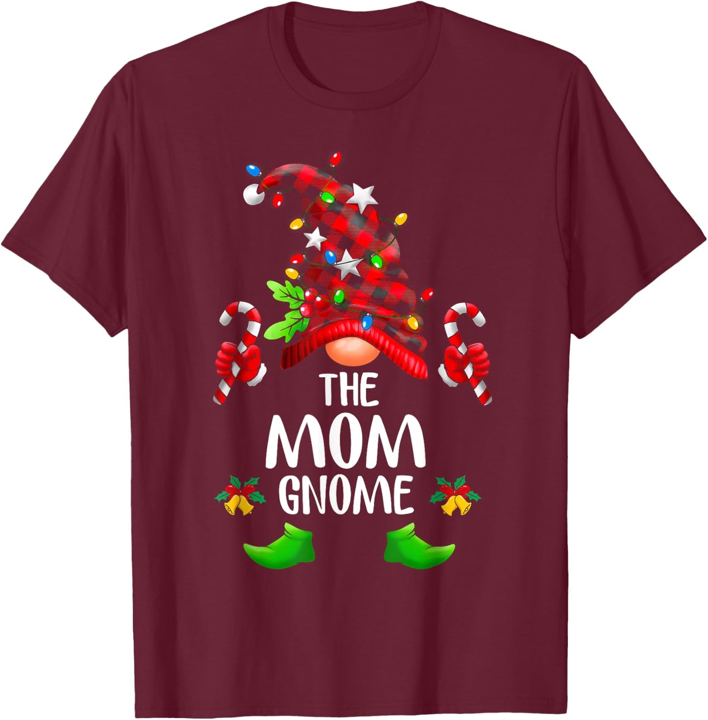 Mom Gnome Buffalo Plaid Matching Family Christmas Pajama T-Shirt - T-Shirt | Maroon