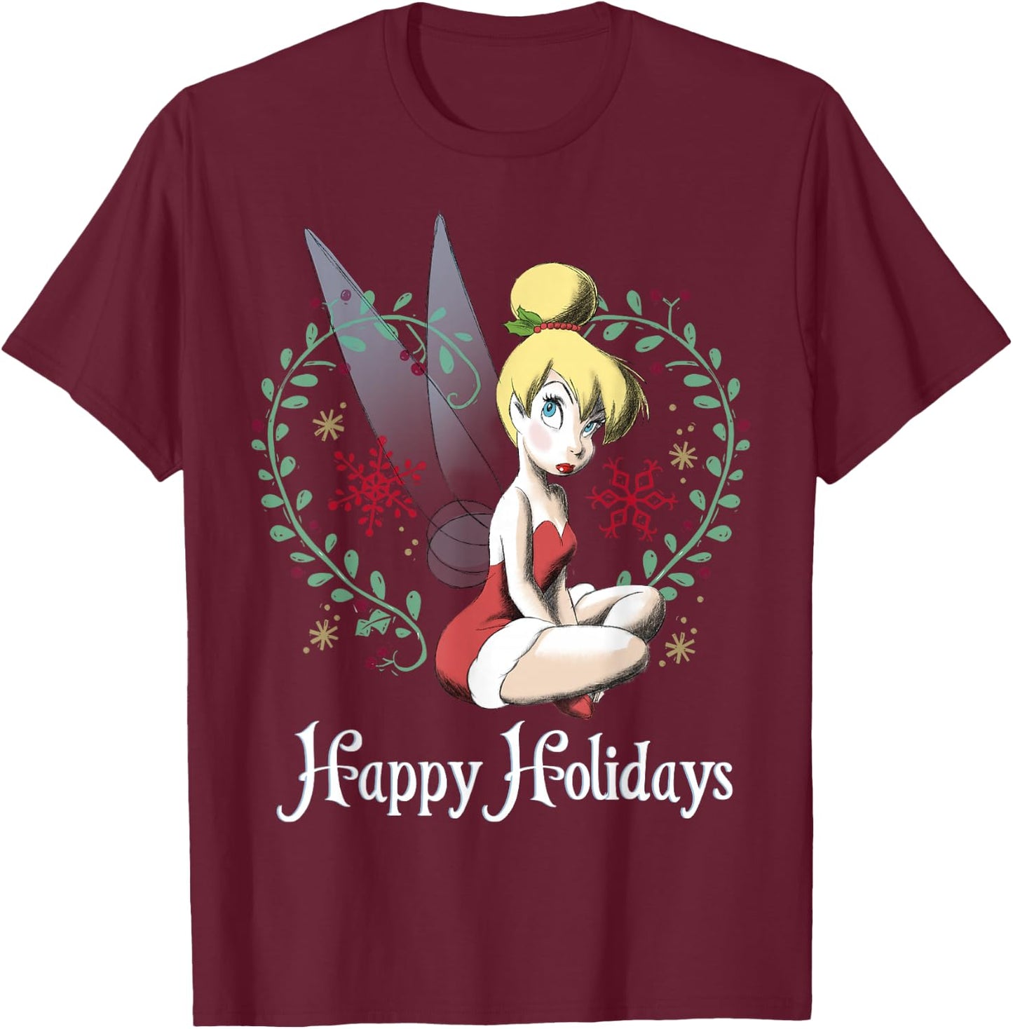 Disney Peter Pan Tinkerbell Happy Holidays Graphic Small T-Shirt - T-Shirt | Maroon