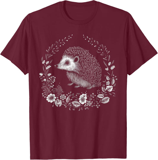 Cottage Core Teepick Co Vintage Cottagecore Hedgehog Lover Women's Black Small Modern Short Sleeve T-Shirt - T-Shirt | Maroon