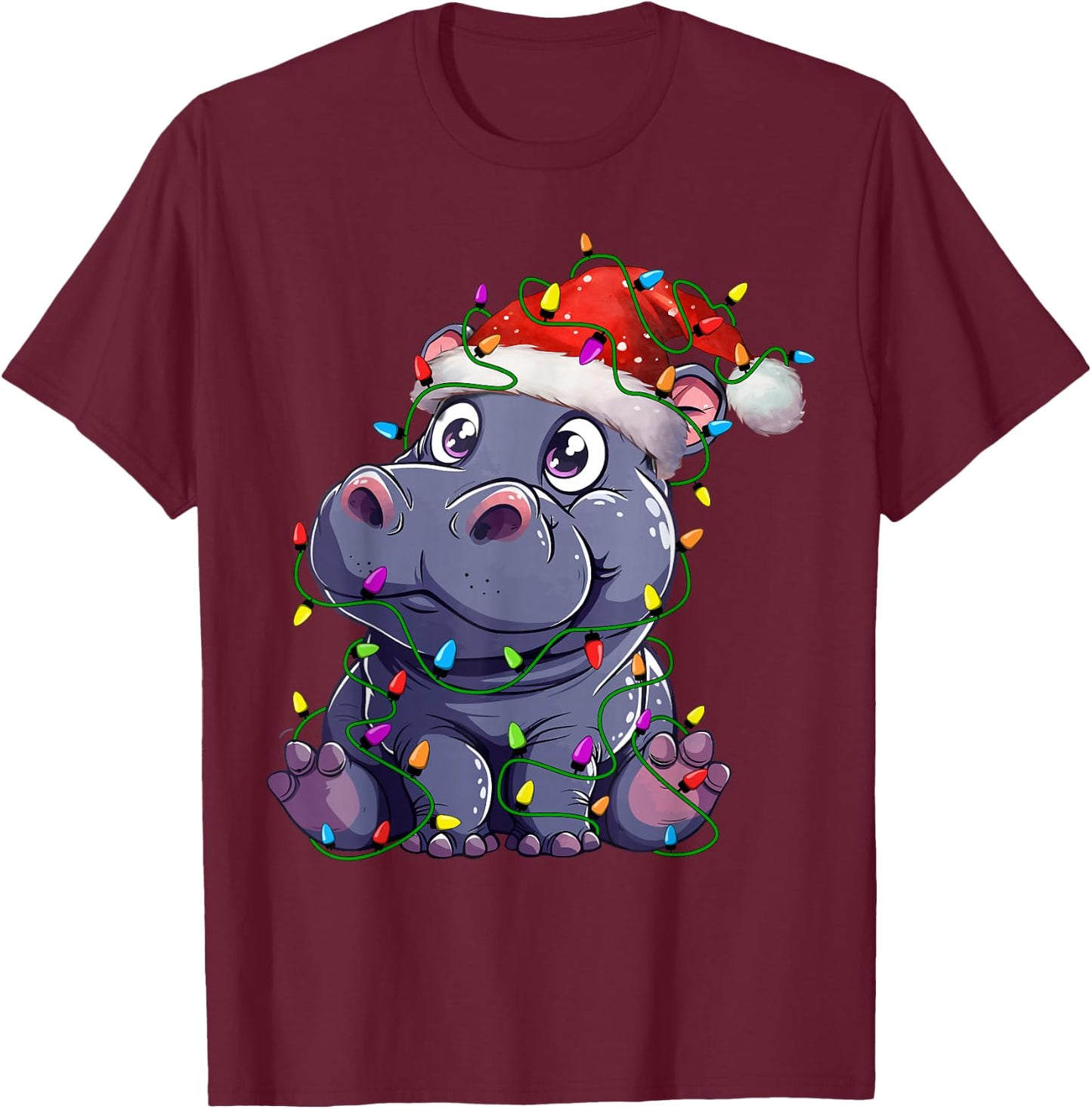 Hippopotamus Santa Christmas Tree Lighting Xmas Funny T-Shirt - T-Shirt | Maroon