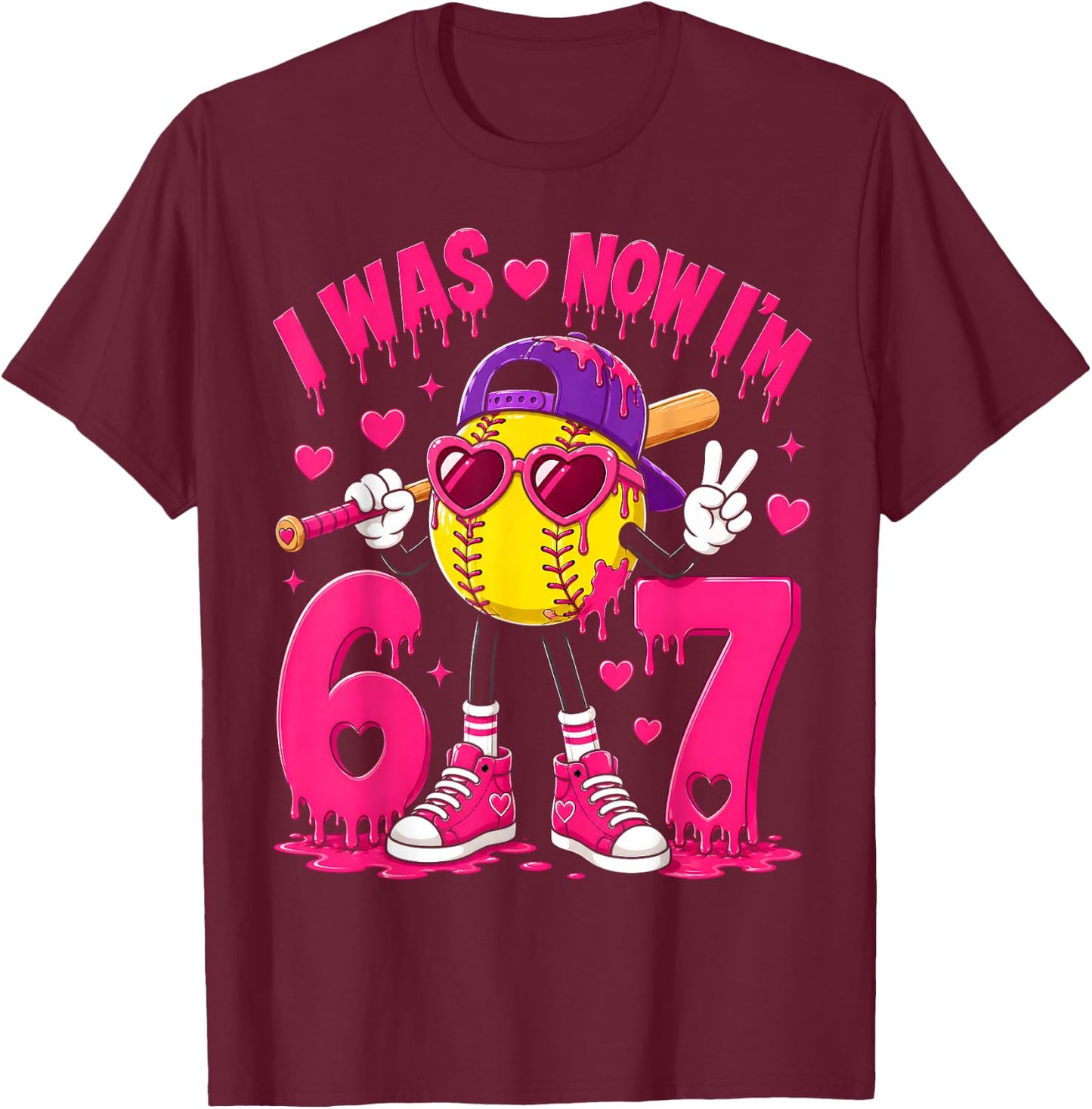 7th Birthday Boy Softball Ice Cream Drip 7 Year Old Party T-Shirt - T-Shirt | Maroon