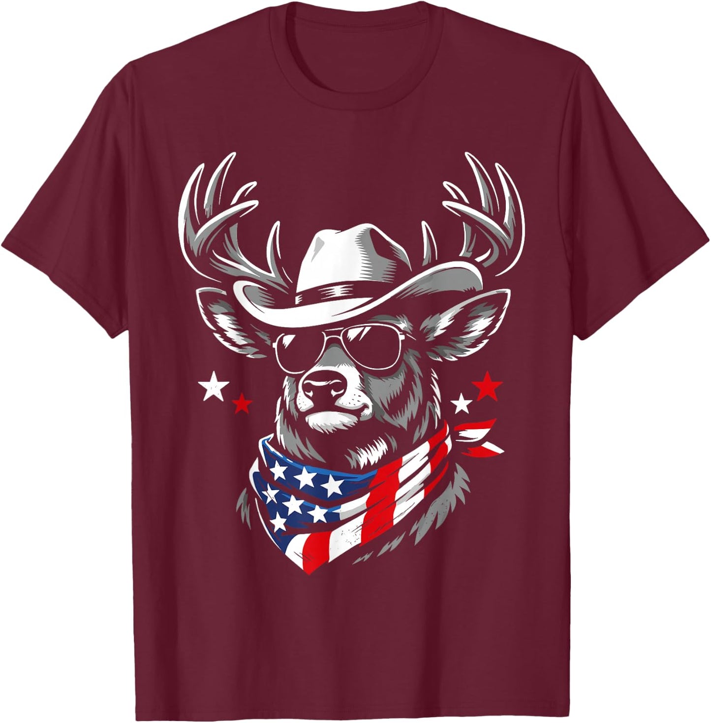 Retro USA Deer Cowboy Sunglasses Western Flag Patriotic T-Shirt - T-Shirt | Maroon
