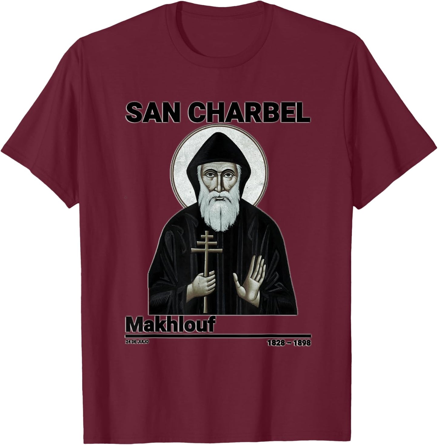 San Charbel Makhlouf, Saint Charbel , Black, S T-Shirt - T-Shirt | Maroon