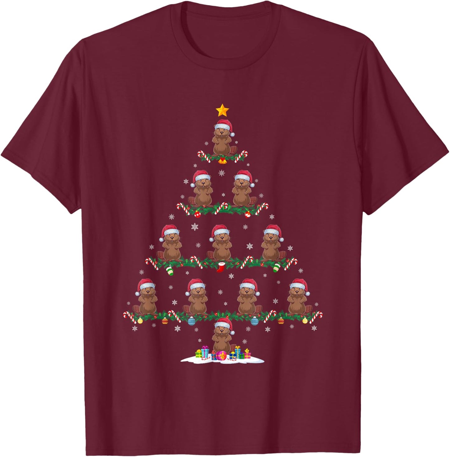 Beaver Christmas Tree Pajama Men Women Kids Ugly Xmas T-Shirt - T-Shirt | Maroon