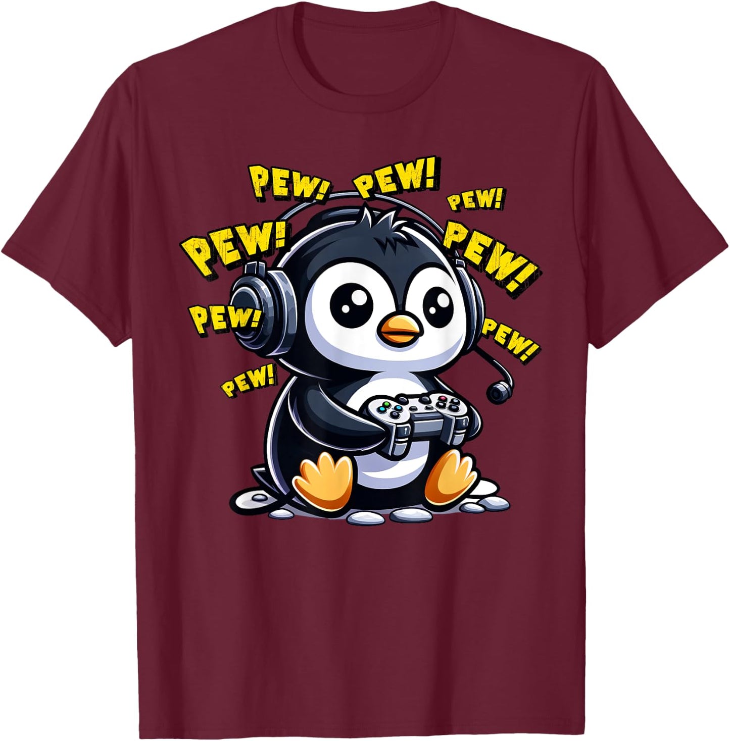 Penguin Gamer Pew Funny Video Games Vintage Boys Men Girls T-Shirt - T-Shirt | Maroon