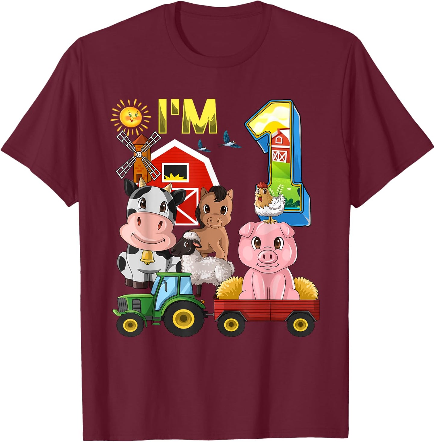 Farm Animals Barnyard Tractor 1st Birthday I'm 1 Year Old T-Shirt - T-Shirt | Maroon