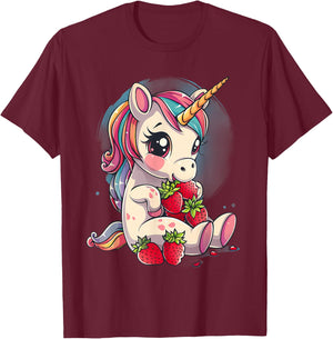 Strawberry Unicorn Cute Fruit Animal Lovers Colourful T-Shirt - T-Shirt | Maroon