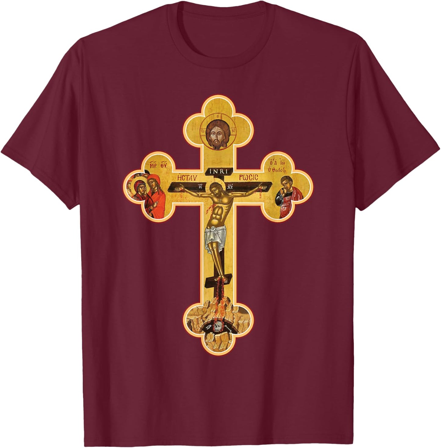 Greek Orthodox Jesus Christ Cross Icon T-Shirt - T-Shirt | Maroon